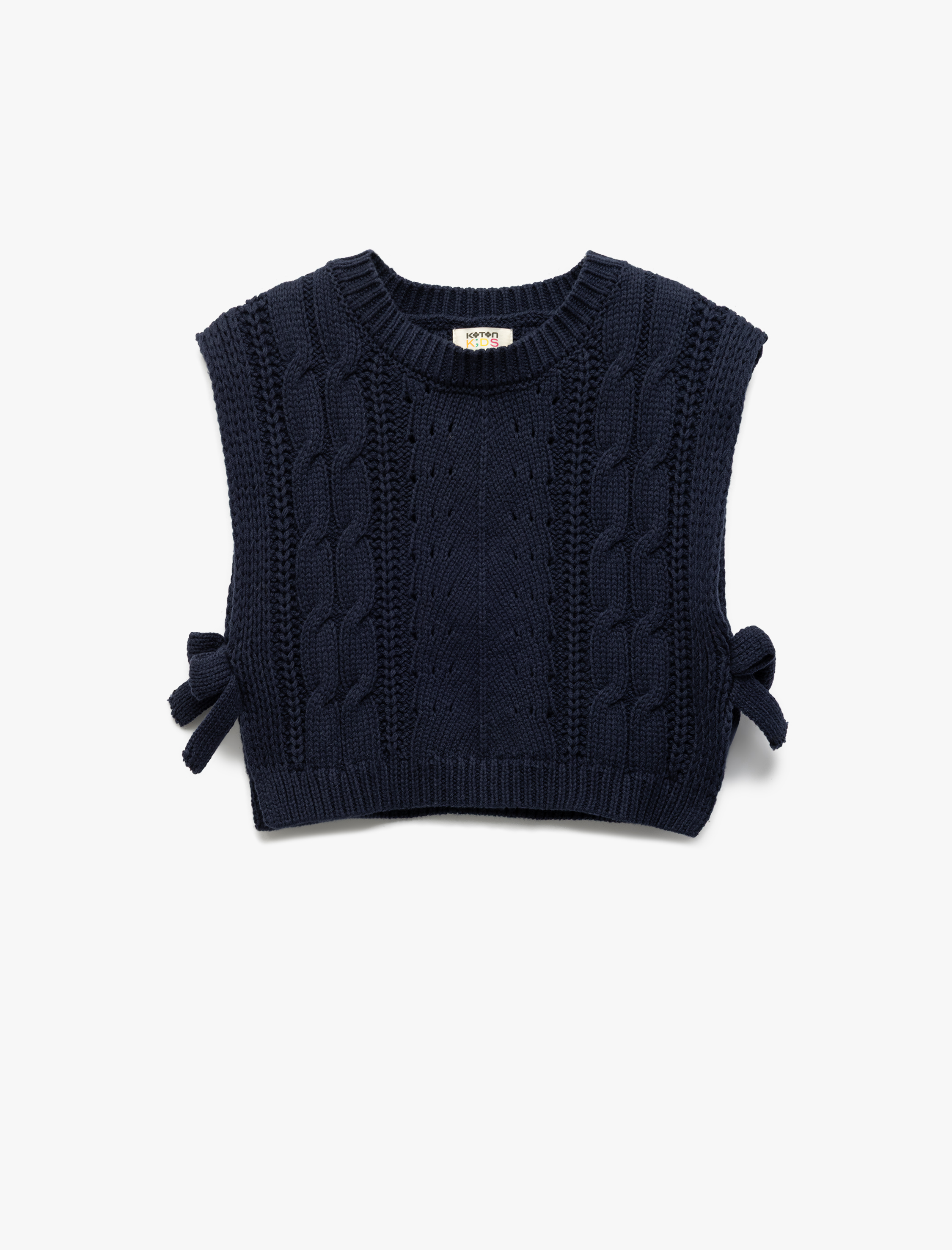  Kız Çocuk Bisiklet Yaka Kolsuz Saç Örgü Dokulu Fiyonklu Crop Süveter