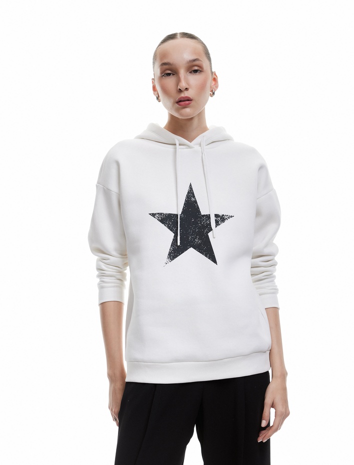  Şardonlu Kapüşonlu Arkası Baskılı Oversize Sweatshirt