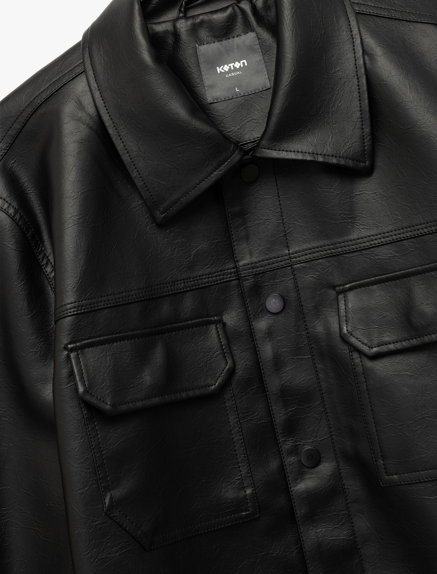   Klasik Yaka Kapaklı Cep Detaylı Uzun Kollu Slim Fit Suni Deri Ceket