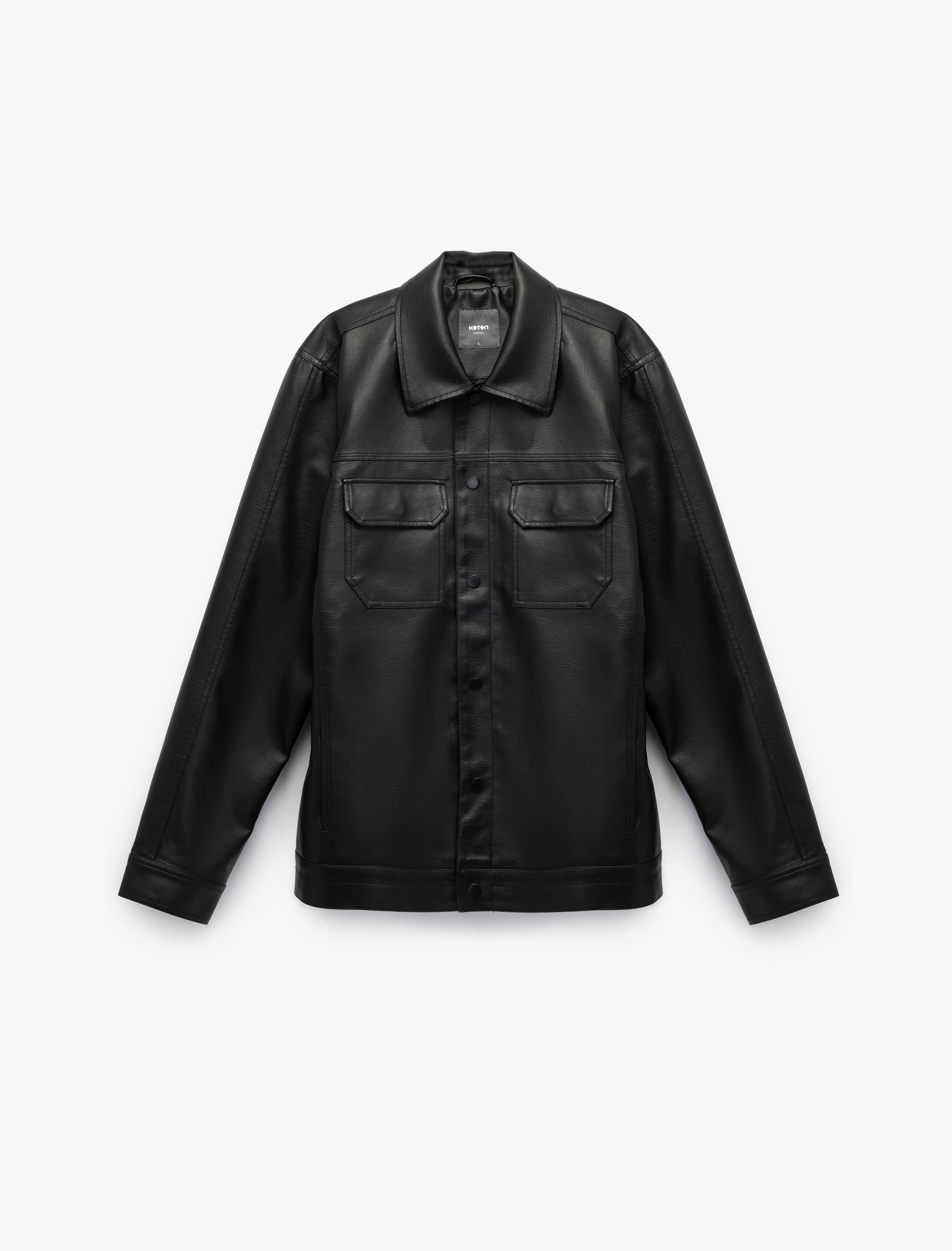   Klasik Yaka Kapaklı Cep Detaylı Uzun Kollu Slim Fit Suni Deri Ceket