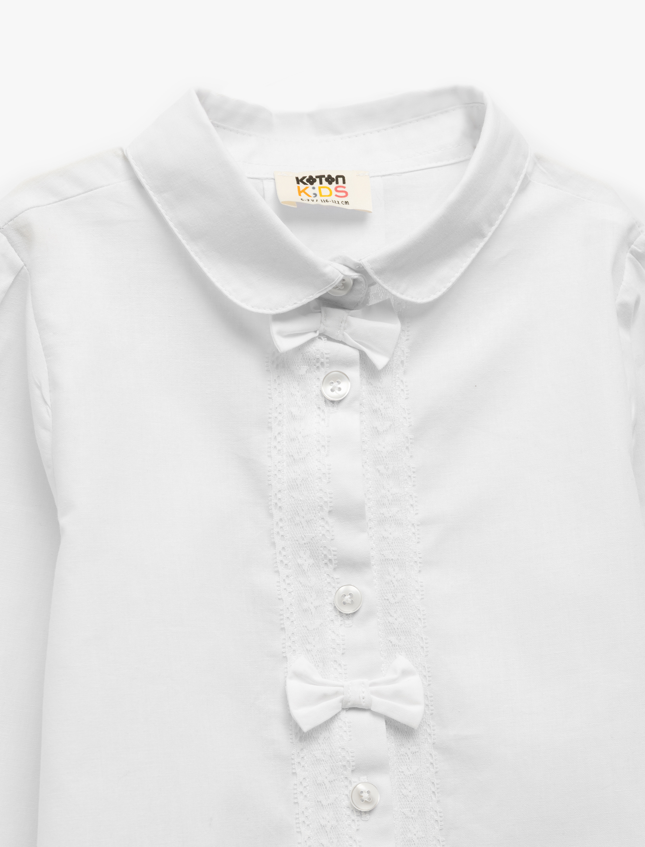  Kız Çocuk Pamuklu Uzun Kollu Fiyonk Detaylı Bebe Yaka Okul Gömleği