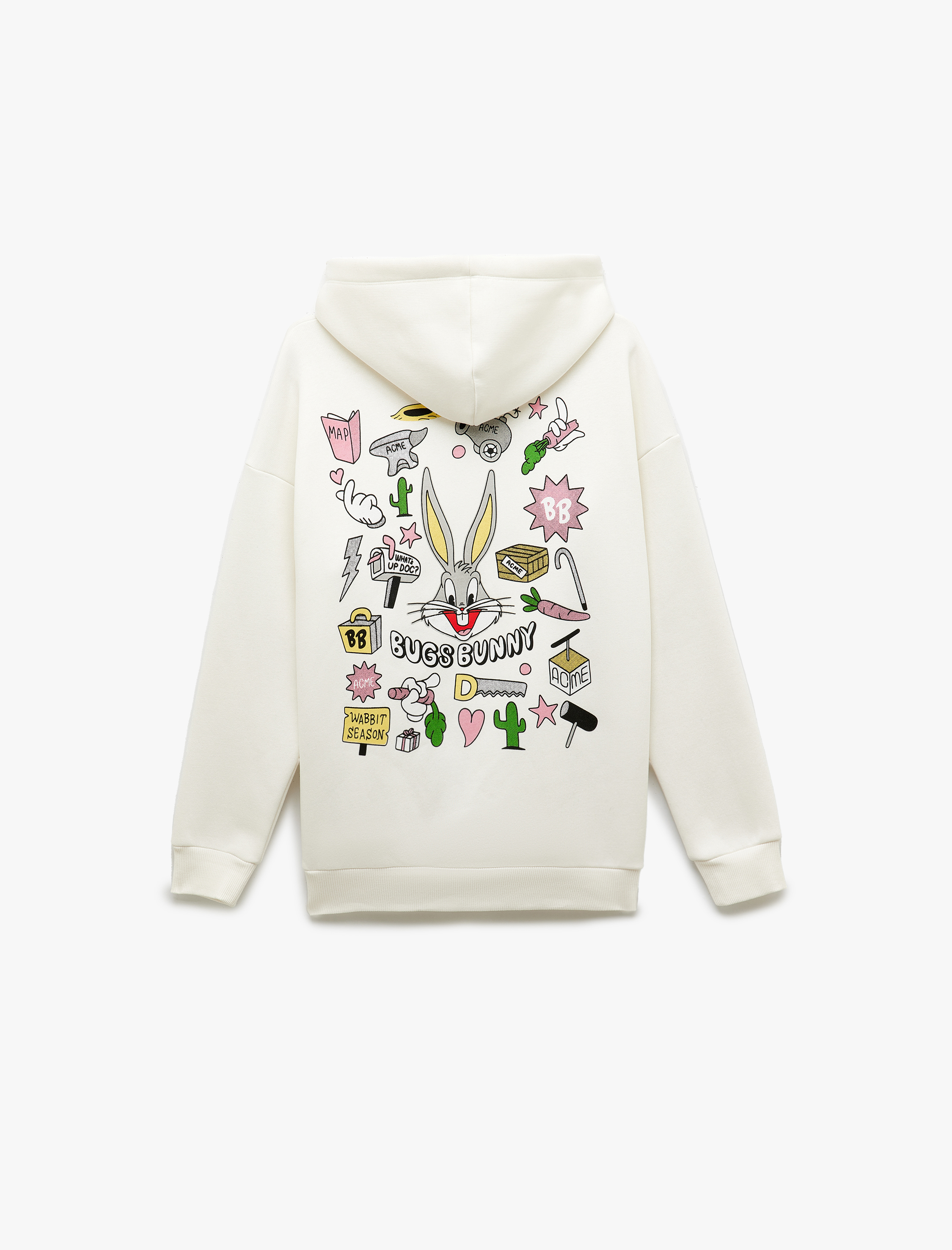   Bugs Bunny Lisanslı Arkası Baskılı Şardonlu Uzun Kollu Kapüşonlu Oversize Sweatshirt