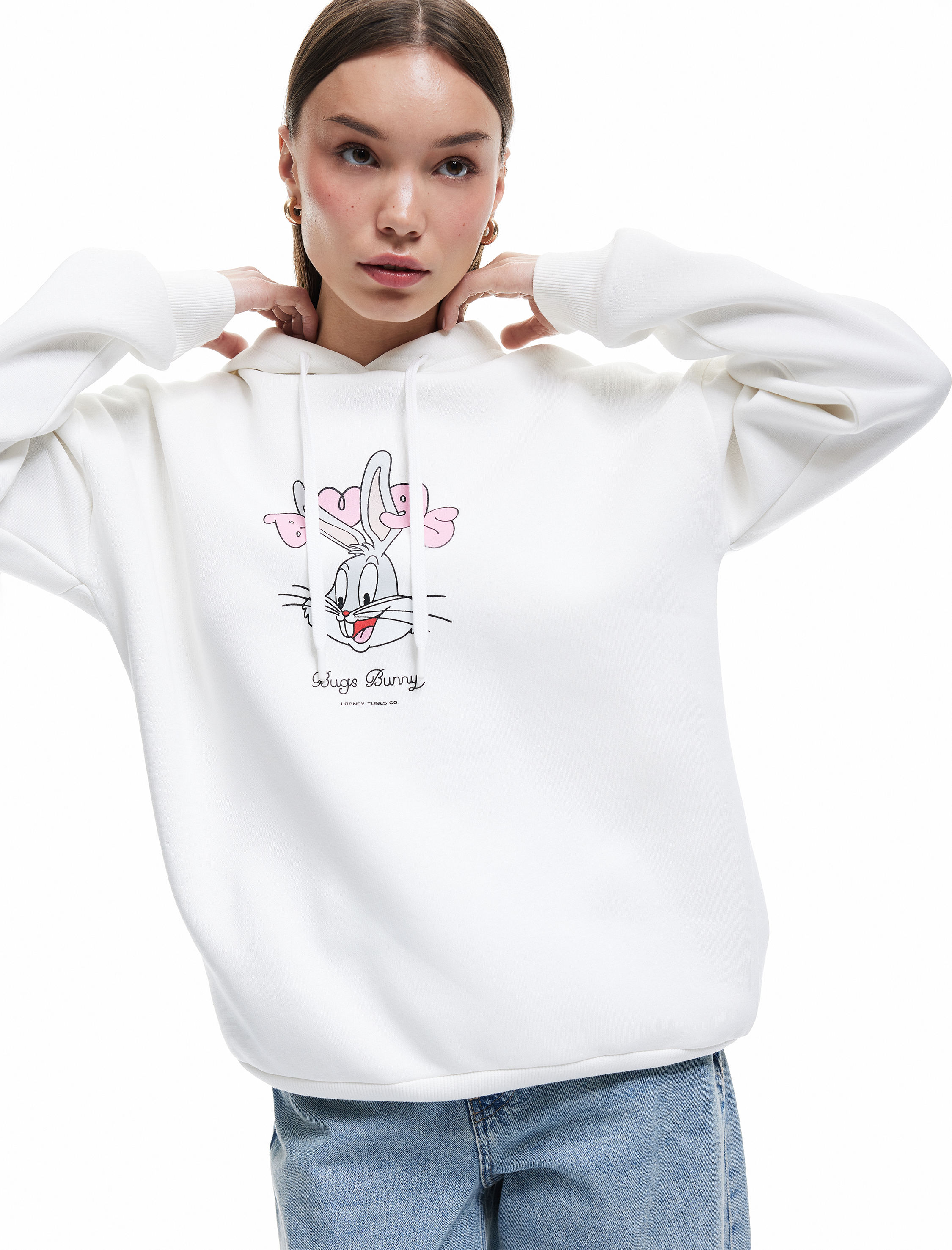   Bugs Bunny Lisanslı Arkası Baskılı Şardonlu Uzun Kollu Kapüşonlu Oversize Sweatshirt