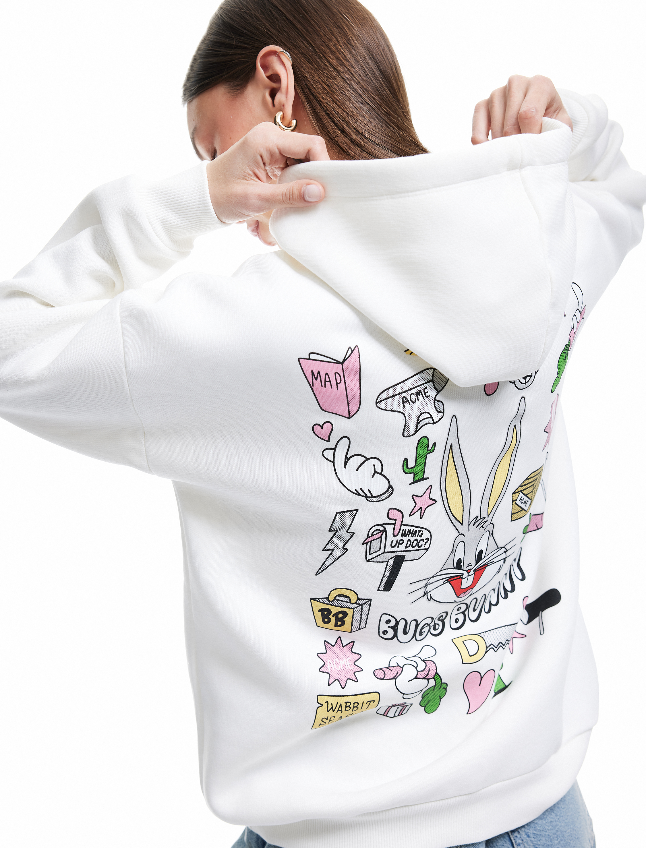   Bugs Bunny Lisanslı Arkası Baskılı Şardonlu Uzun Kollu Kapüşonlu Oversize Sweatshirt