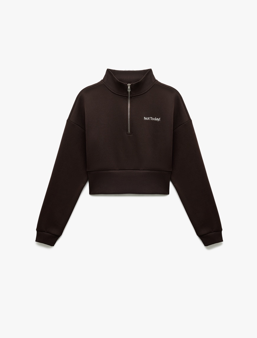   Pamuklu Yarım Fermuarlı Şardonlu Baskılı Crop Sweatshirt