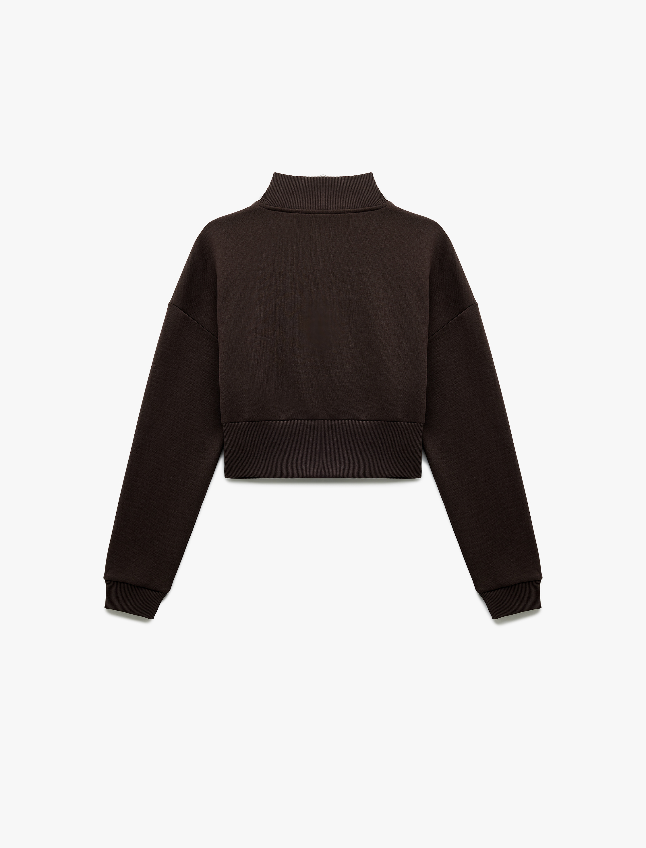   Pamuklu Yarım Fermuarlı Şardonlu Baskılı Crop Sweatshirt