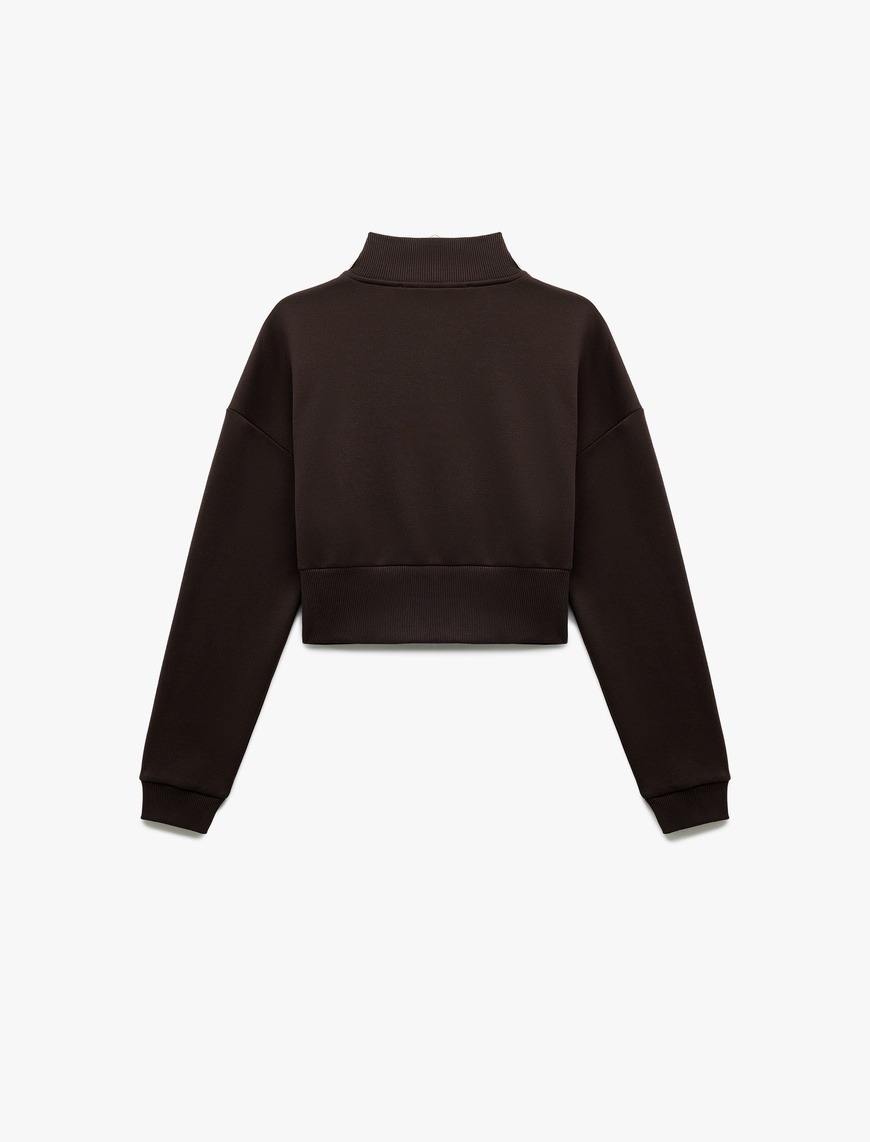   Pamuklu Yarım Fermuarlı Şardonlu Baskılı Crop Sweatshirt