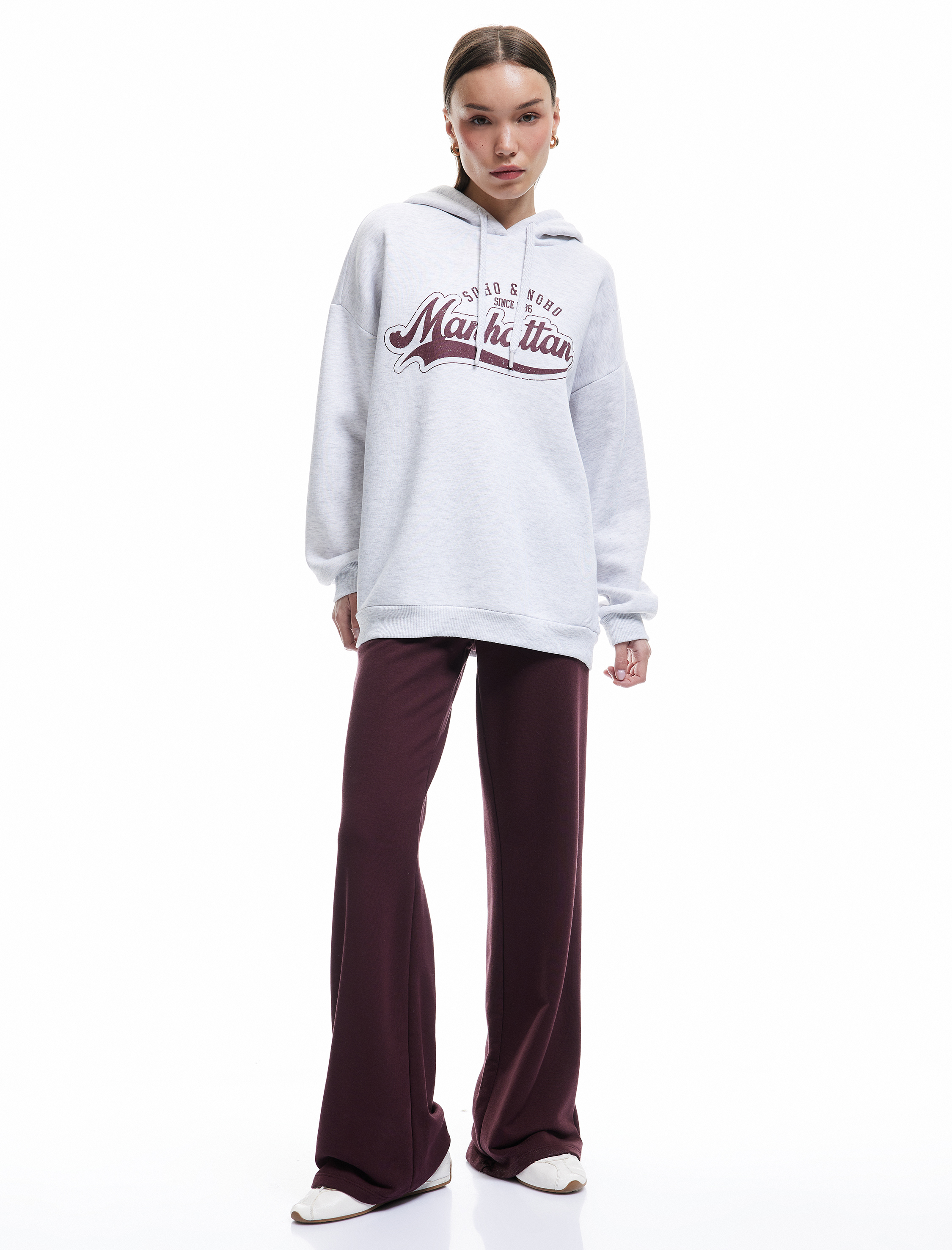   Şardonlu Kapüşonlu Baskılı Oversize Sweatshirt