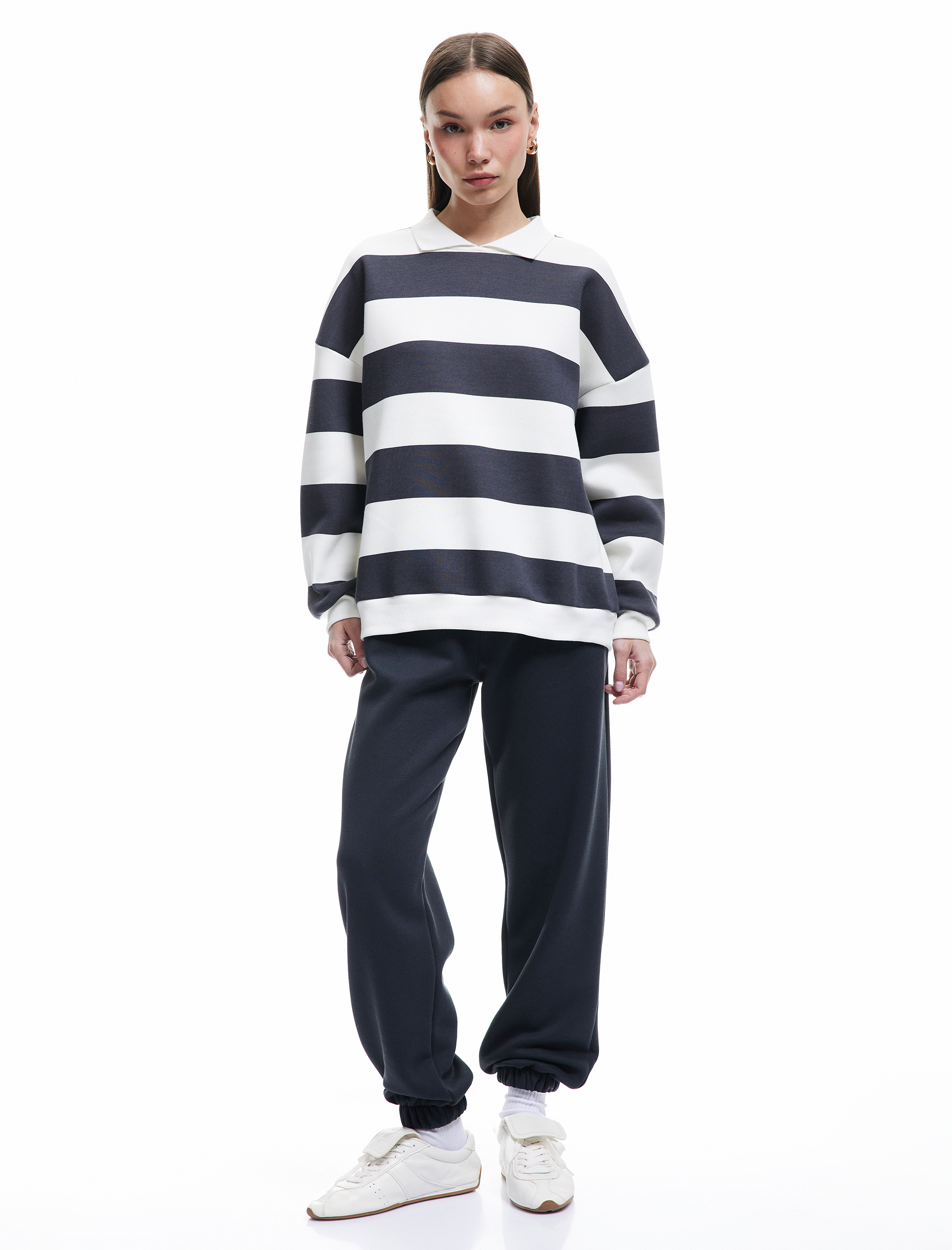   Çizgili Oversize Şardonlu Polo Yaka Sweatshirt