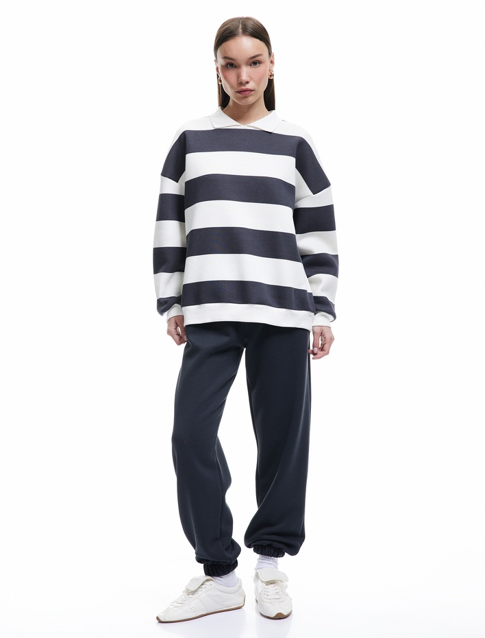 Çizgili Oversize Şardonlu Polo Yaka Sweatshirt