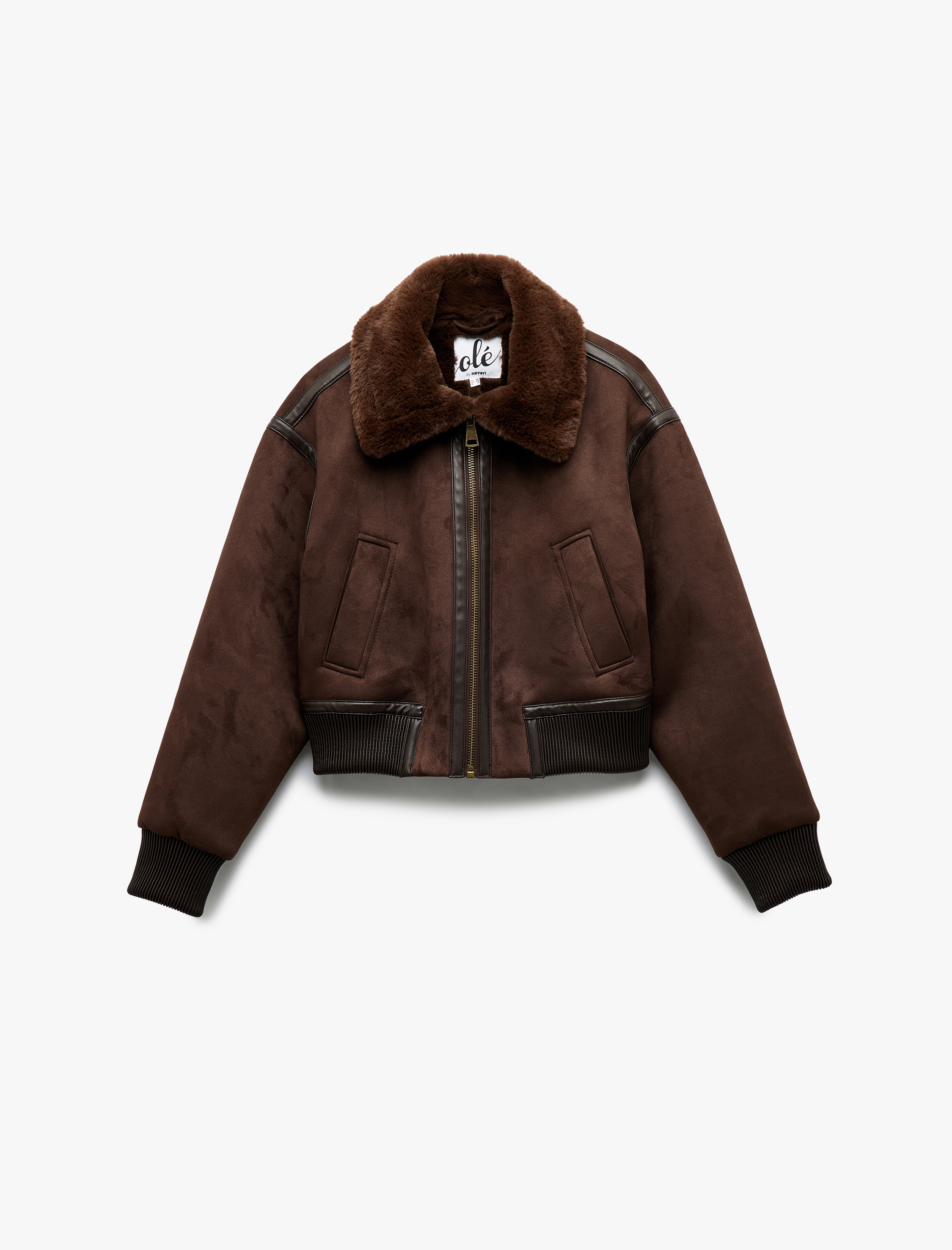   Uzun Kollu Suni Kürk Yaka Detaylı Femuarlı Bomber Ceket