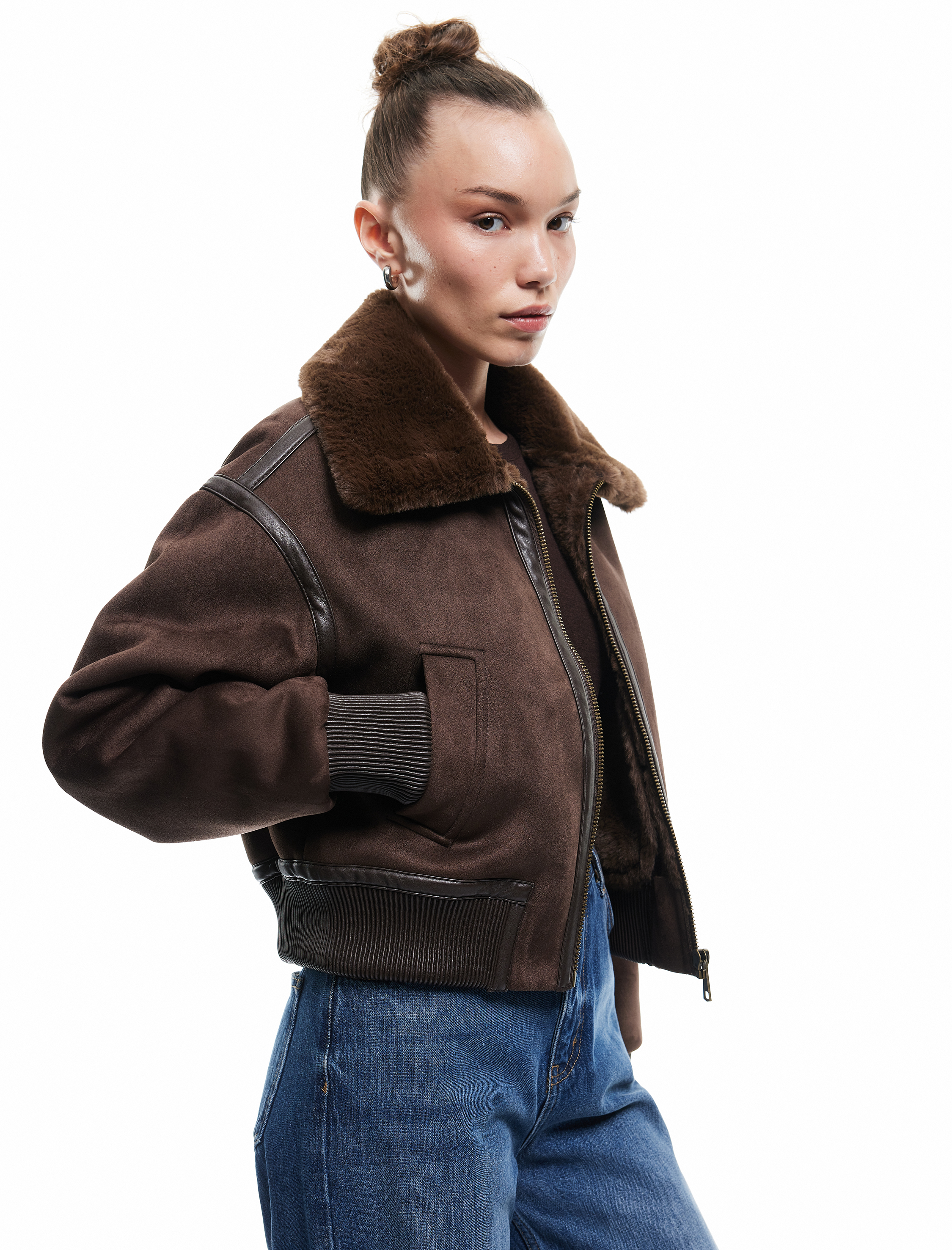   Uzun Kollu Suni Kürk Yaka Detaylı Femuarlı Bomber Ceket