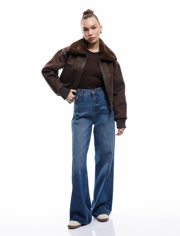  Uzun Kollu Suni Kürk Yaka Detaylı Femuarlı Bomber Ceket