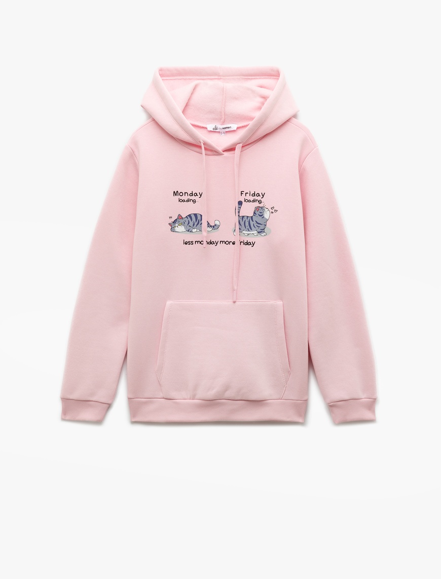   Pamuklu Uzun Kollu Kanguru Cep Detaylı Şardonlu Kapşonlu Baskılı Sweatshirt