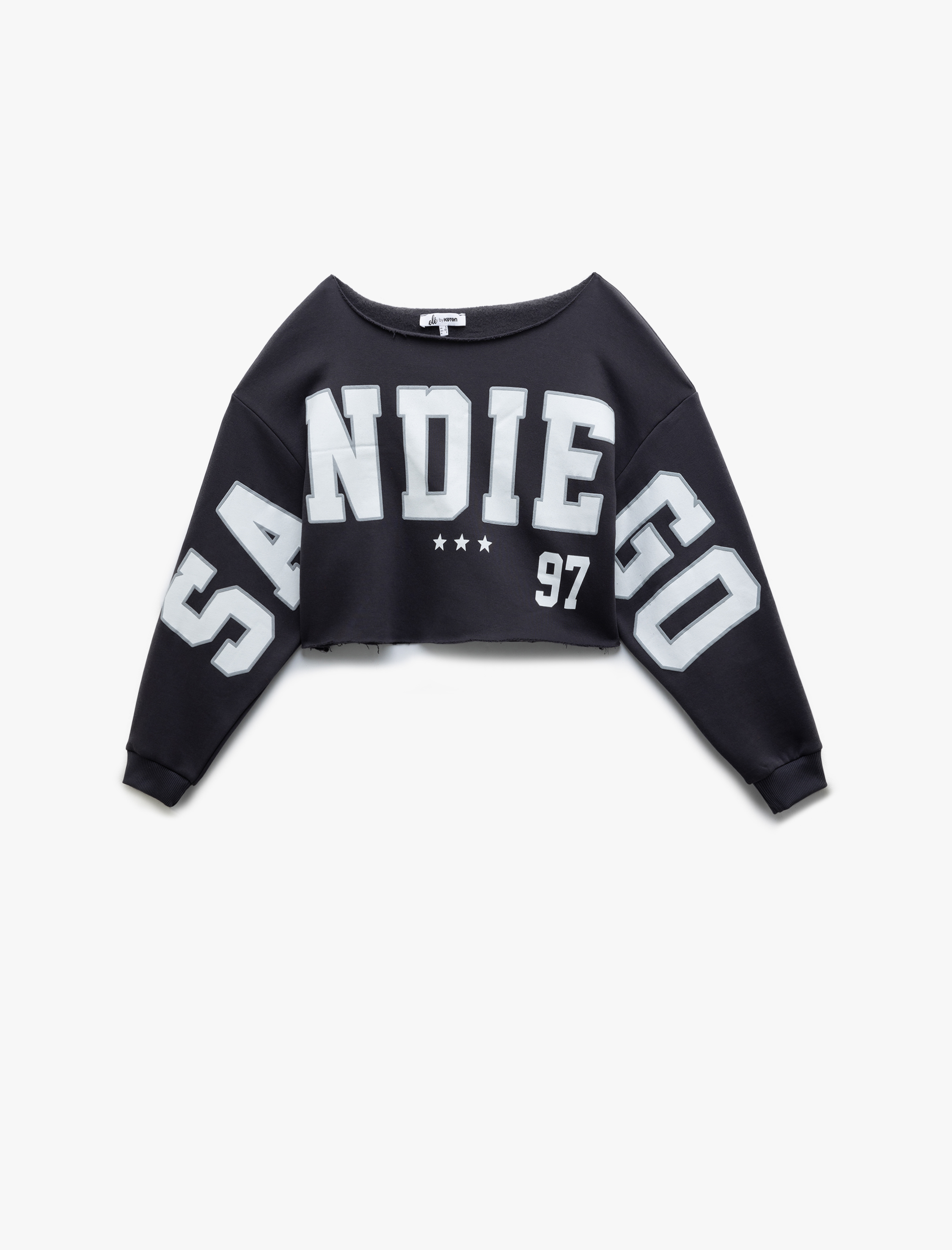   Uzun Kollu Şardonlu Oversize Kayık Yaka Baskılı Crop Sweatshirt