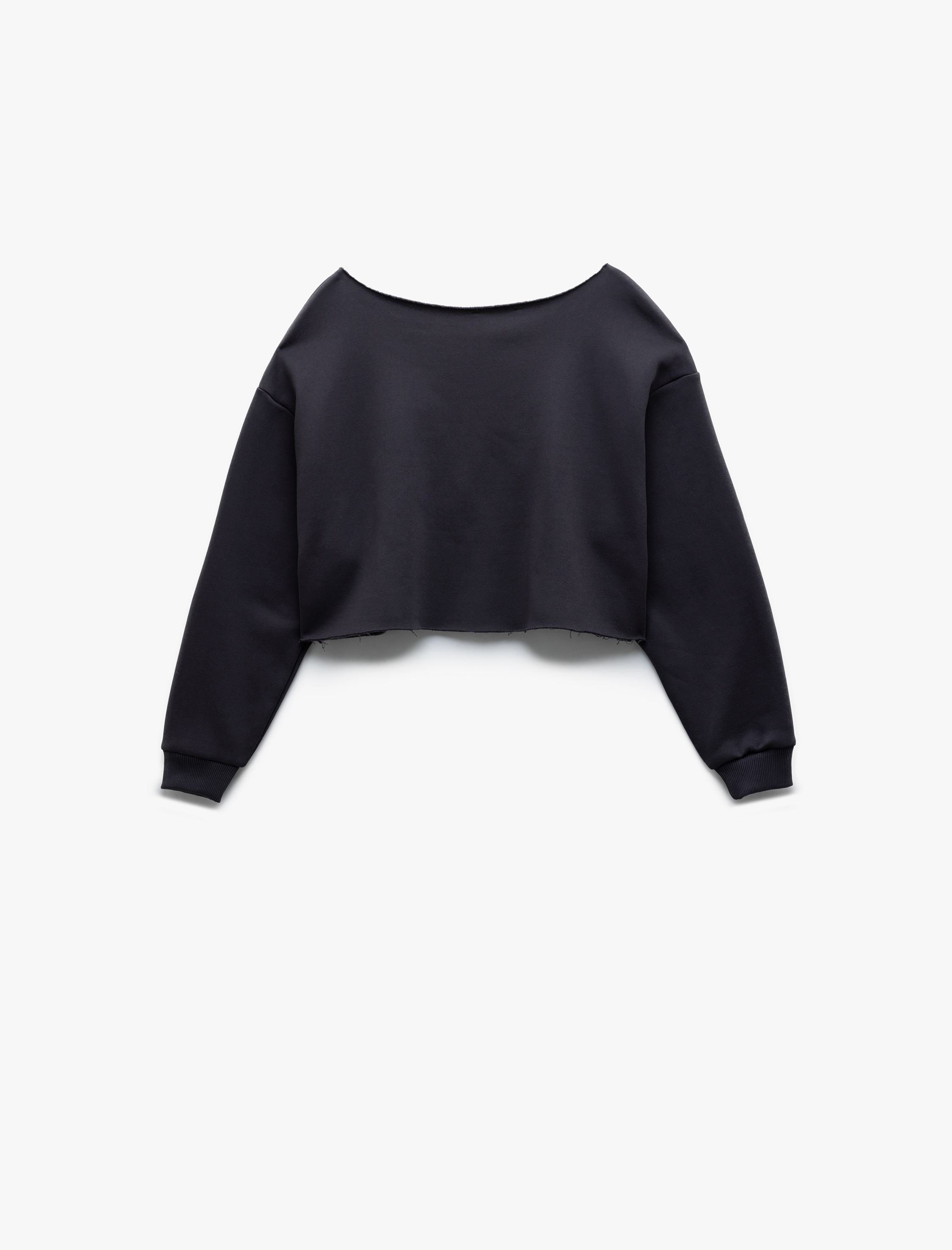   Uzun Kollu Şardonlu Oversize Kayık Yaka Baskılı Crop Sweatshirt