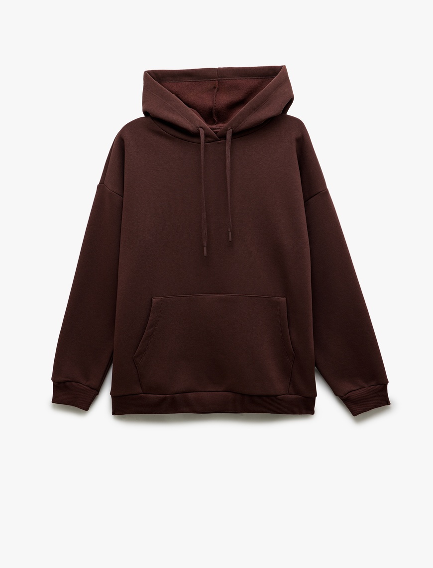  Üç İplik Şardonlu Kanguru Cepli Basic Kapüşonlu Sweatshirt