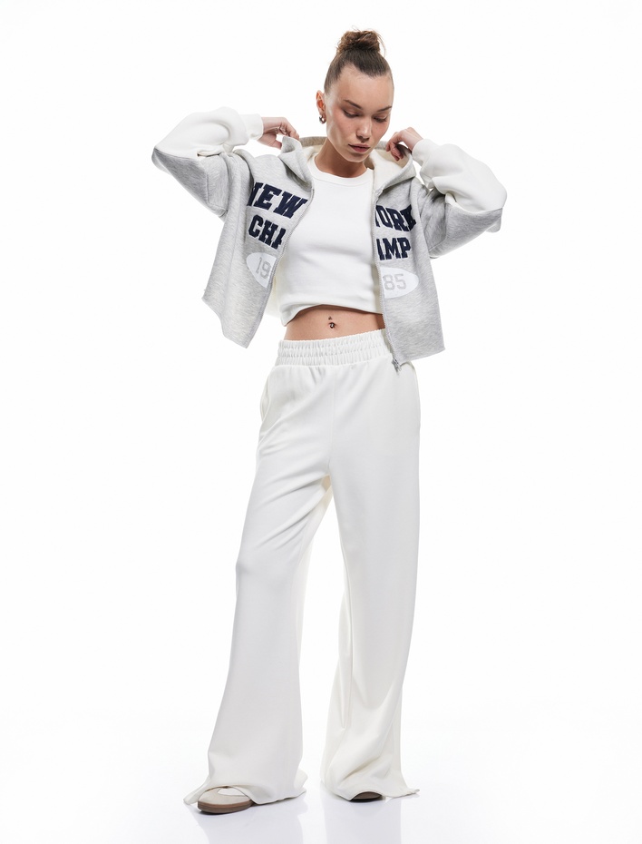  Şardonlu Uzun Kollu Fermuarlı Kapşonlu Crop Sweatshirt