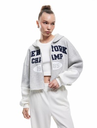 Şardonlu Uzun Kollu Fermuarlı Kapşonlu Crop Sweatshirt