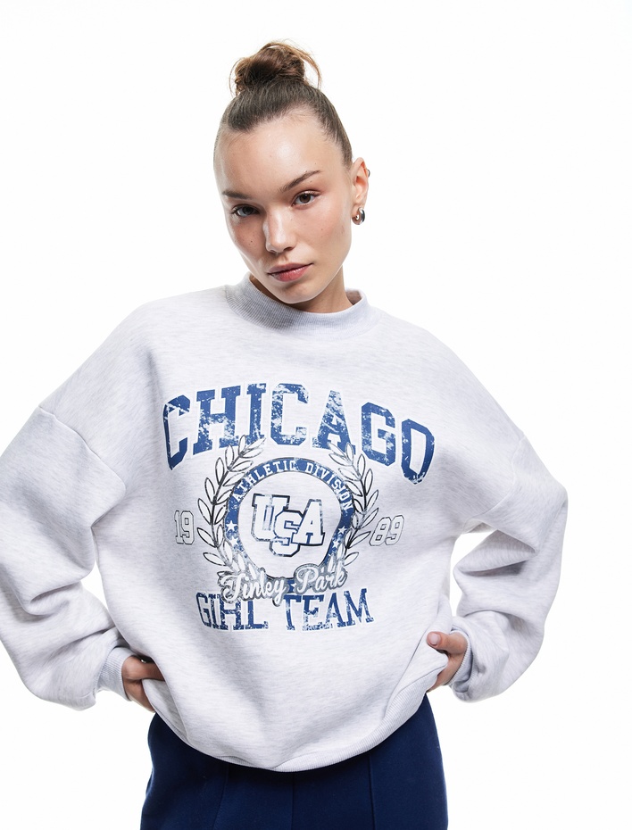  Baskılı Şardonlu Uzun Kollu Dik Yaka Sweatshirt