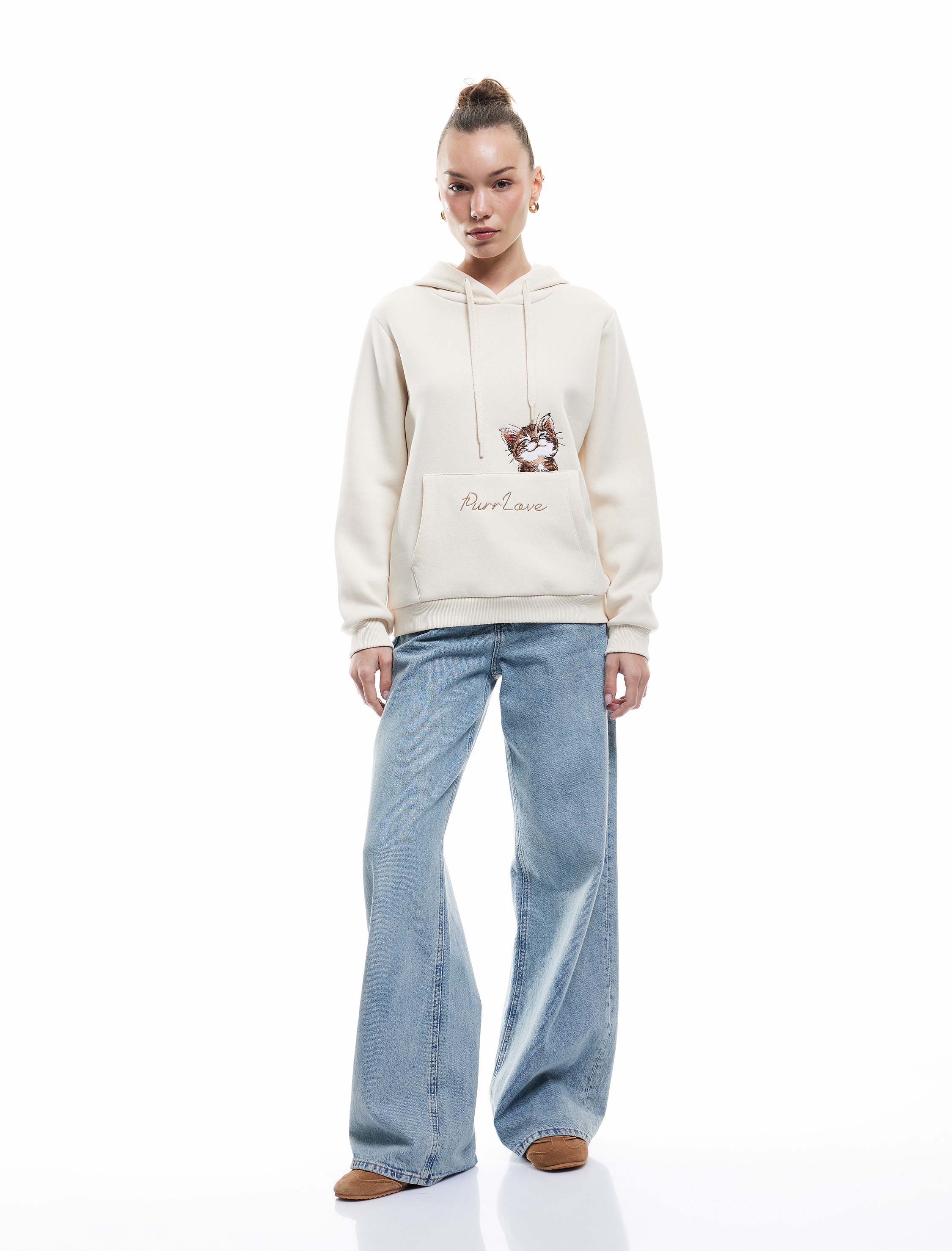   Kapüşonlu Şardonlu Kedi Nakış Detaylı Kanguru Cepli Sweatshirt