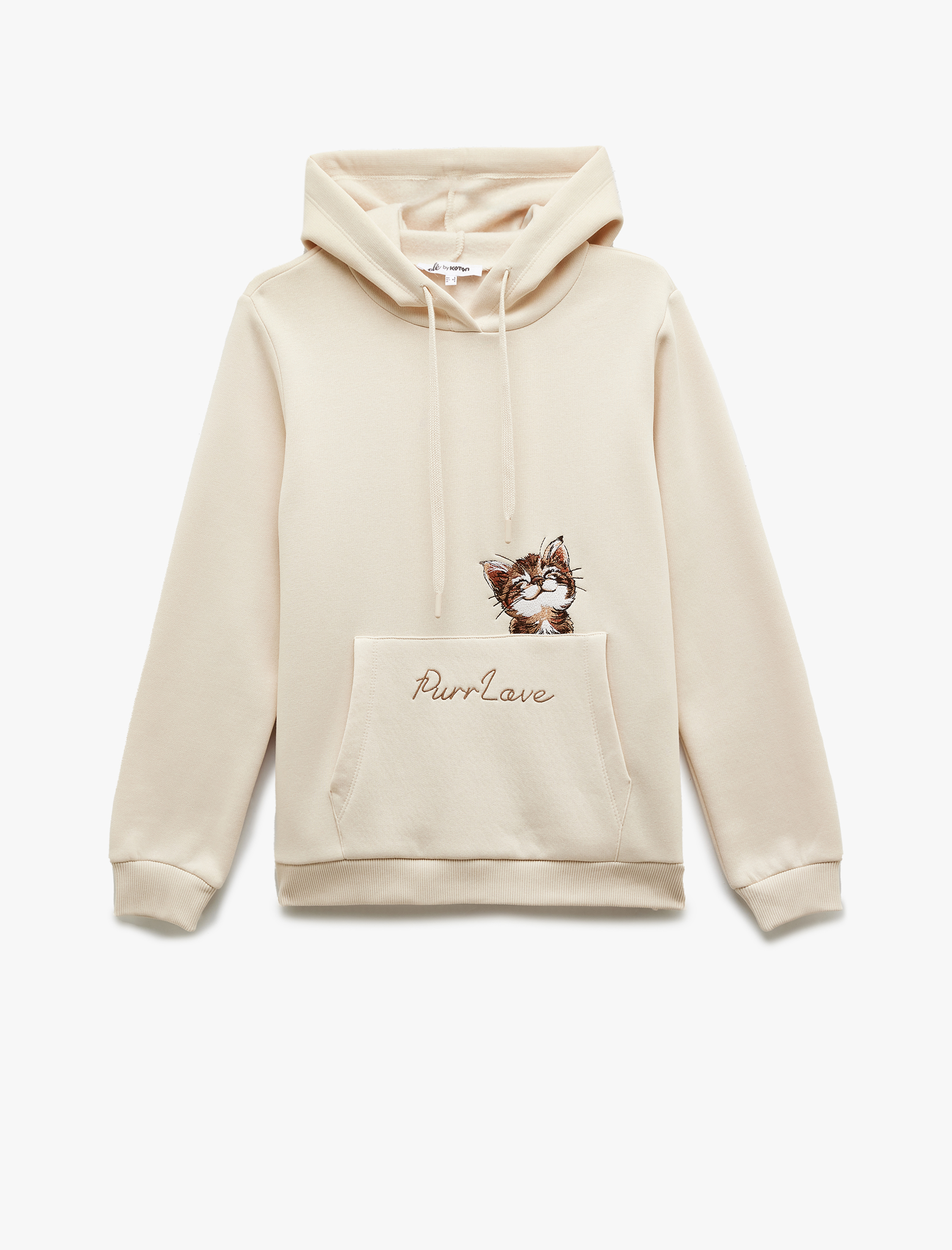  Kapüşonlu Şardonlu Kedi Nakış Detaylı Kanguru Cepli Sweatshirt