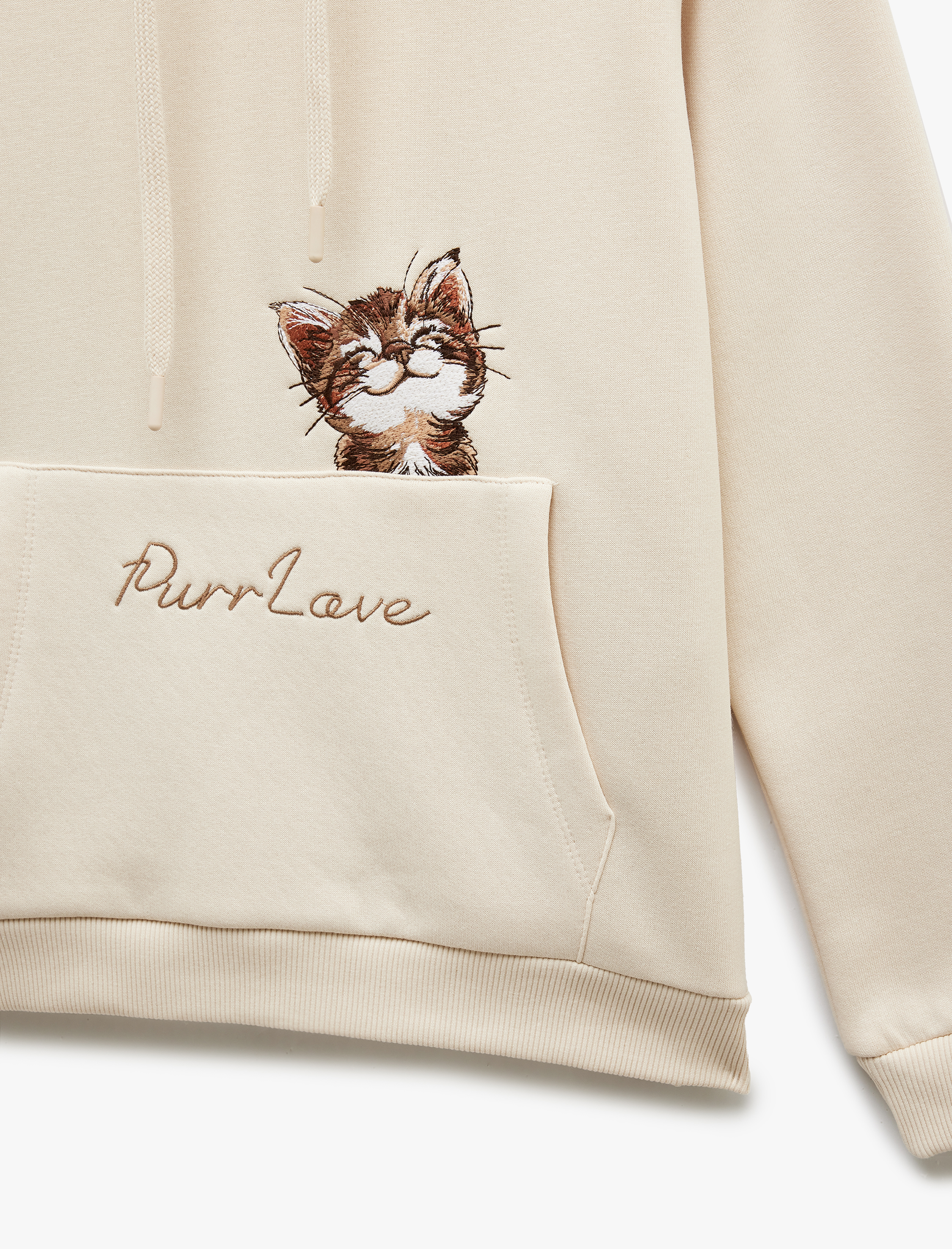   Kapüşonlu Şardonlu Kedi Nakış Detaylı Kanguru Cepli Sweatshirt