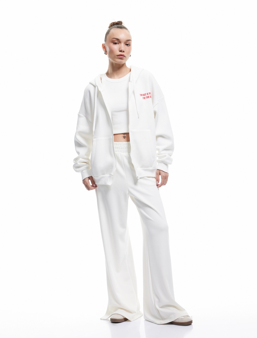   Şardonlu Fermuarlı Kapüşonlu Cep Detaylı Arkası Baskılı Oversize Sweatshirt