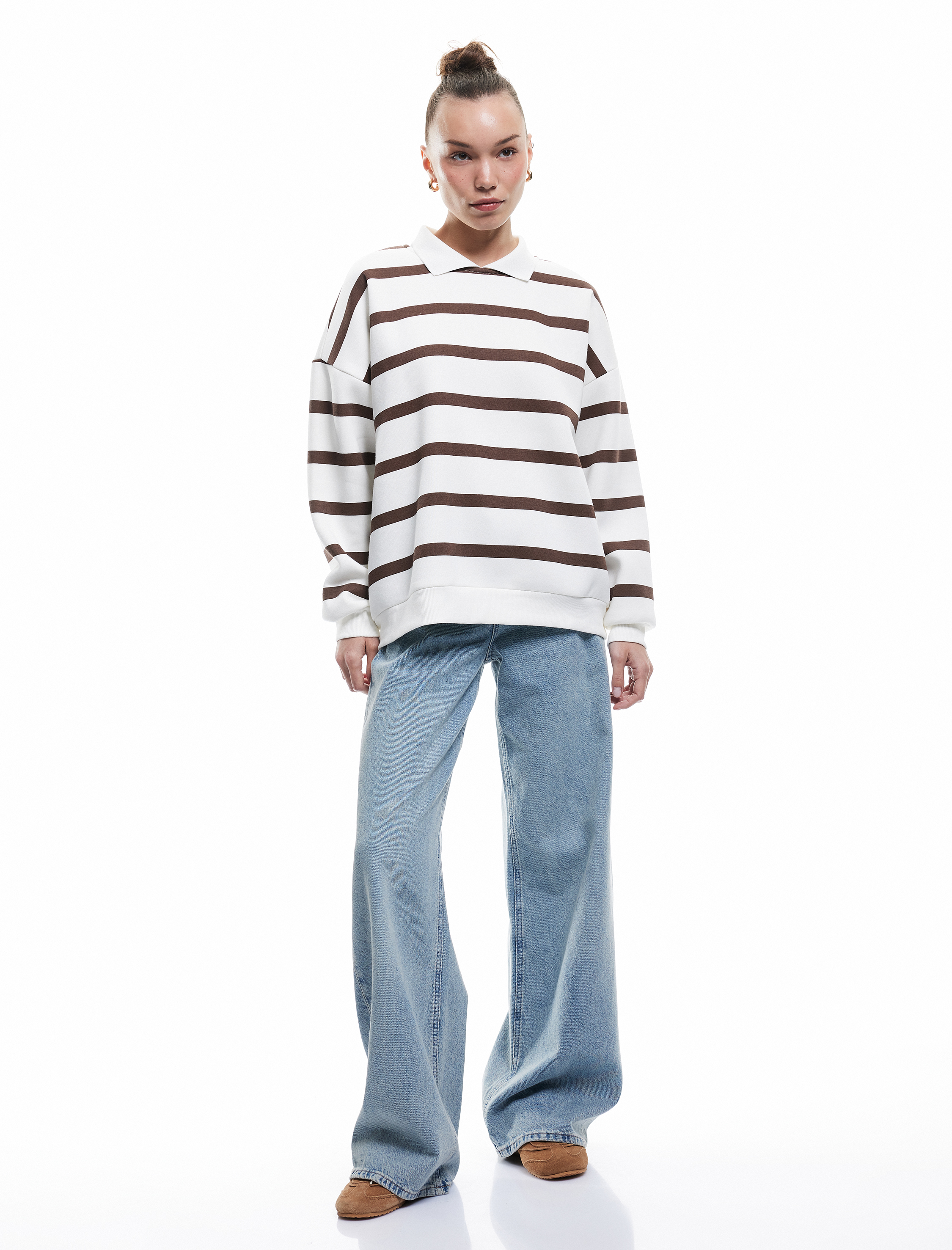   Şardonlu Polo Yaka Çizgili Oversize Sweatshirt