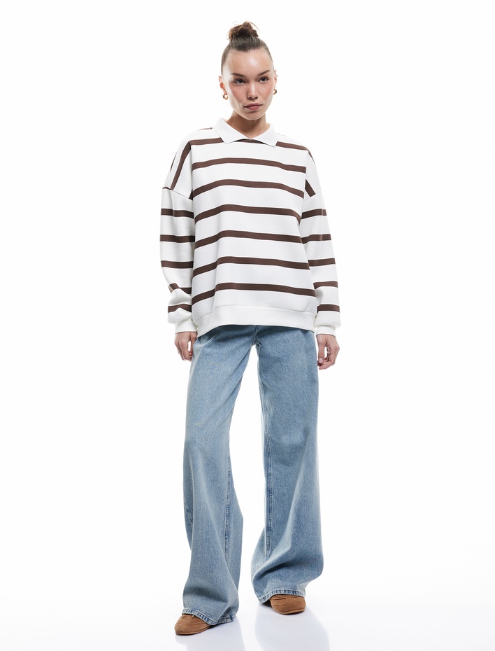  Şardonlu Polo Yaka Çizgili Oversize Sweatshirt