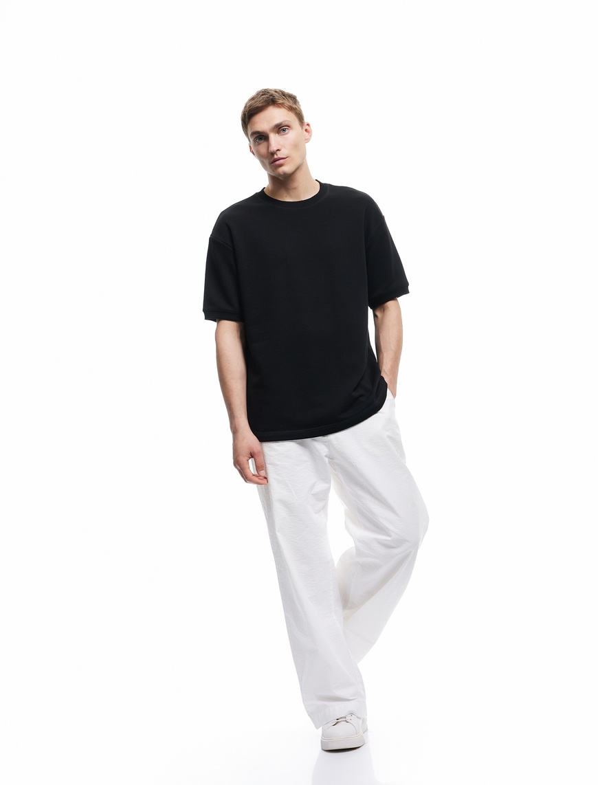   Kısa Kollu Bisiklet Yaka Tok Kumaş Şardonlu Basic Oversize Tişört