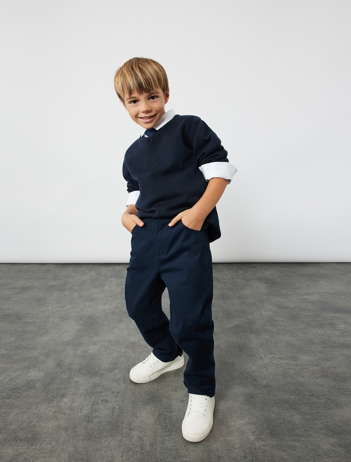 Erkek Çocuk Pamuklu Düğmeli Cep Detaylı Basic Okul Pantolonu