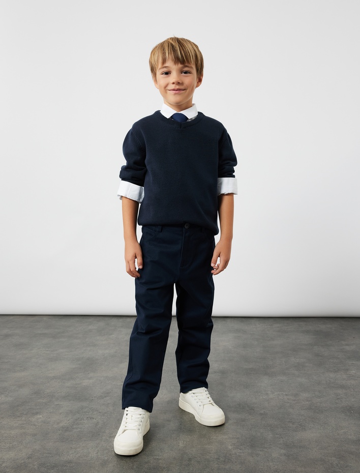Erkek Çocuk Pamuklu Düğmeli Cep Detaylı Basic Okul Pantolonu