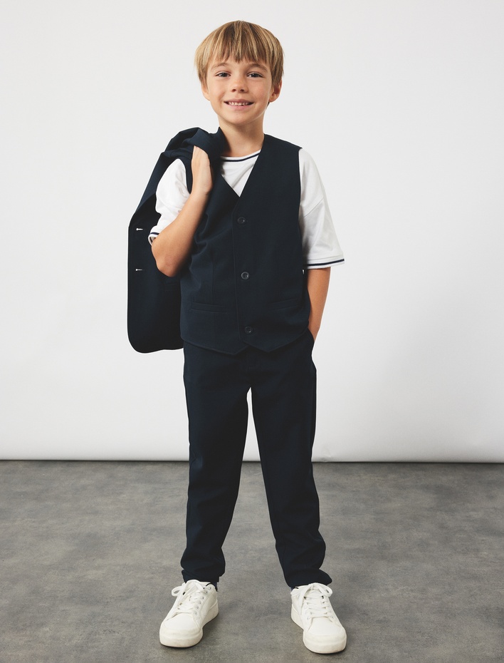 Erkek Çocuk Viskon Karışımlı Dar Kesim Düğmeli Cep Detaylı Basic Okul Pantolonu