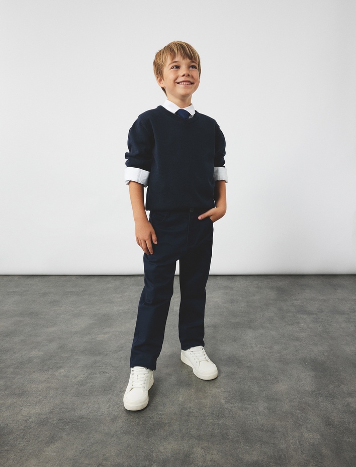 Erkek Çocuk Pamuklu Uzun Kollu V Yaka Basic Triko Okul Kazağı