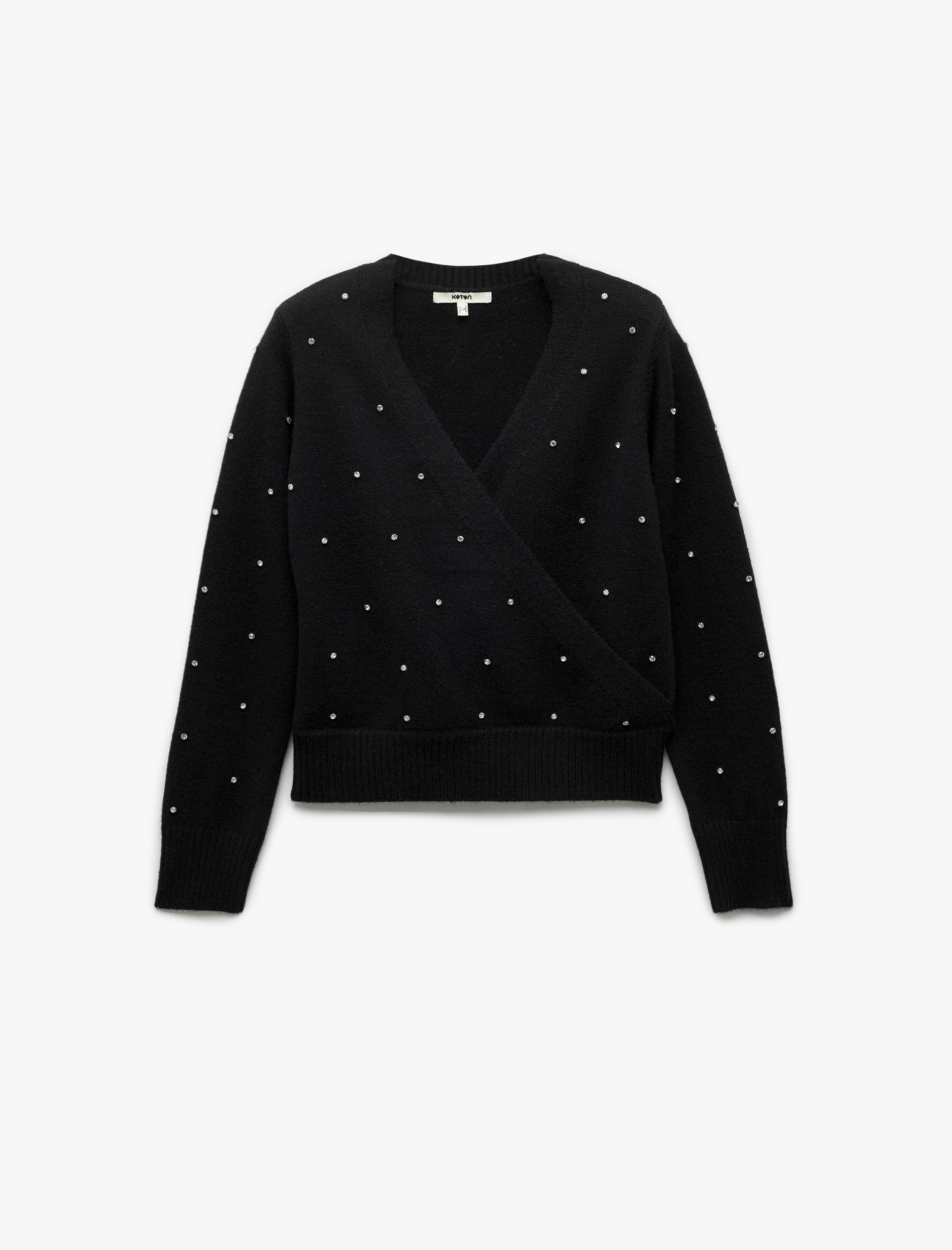   Uzun Kollu Kruvaze V Yaka Taşlı Triko Kazak