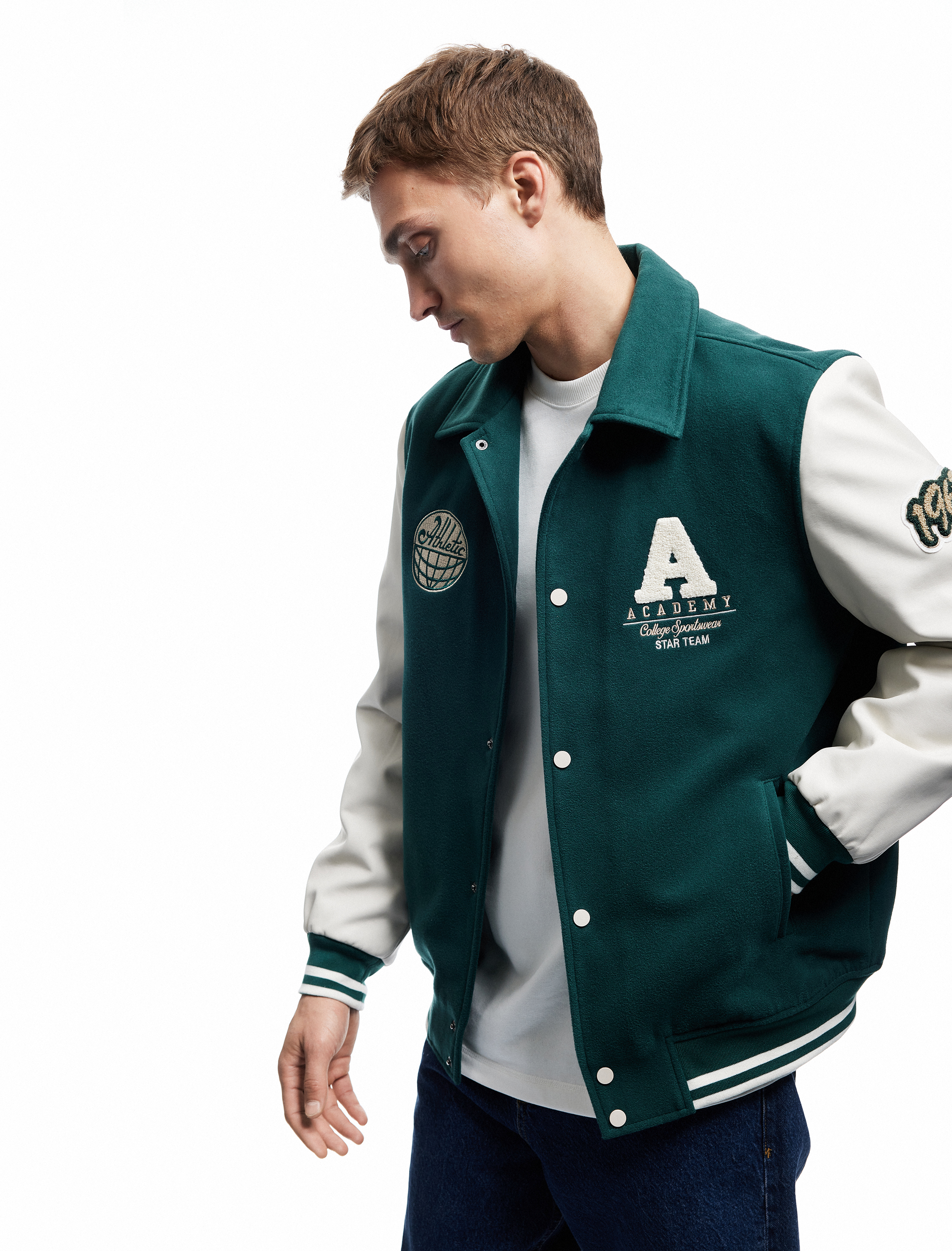   Çıtçıt Düğme Detaylı Slim Fit Kolej Baskılı Kaşe Bomber Ceket