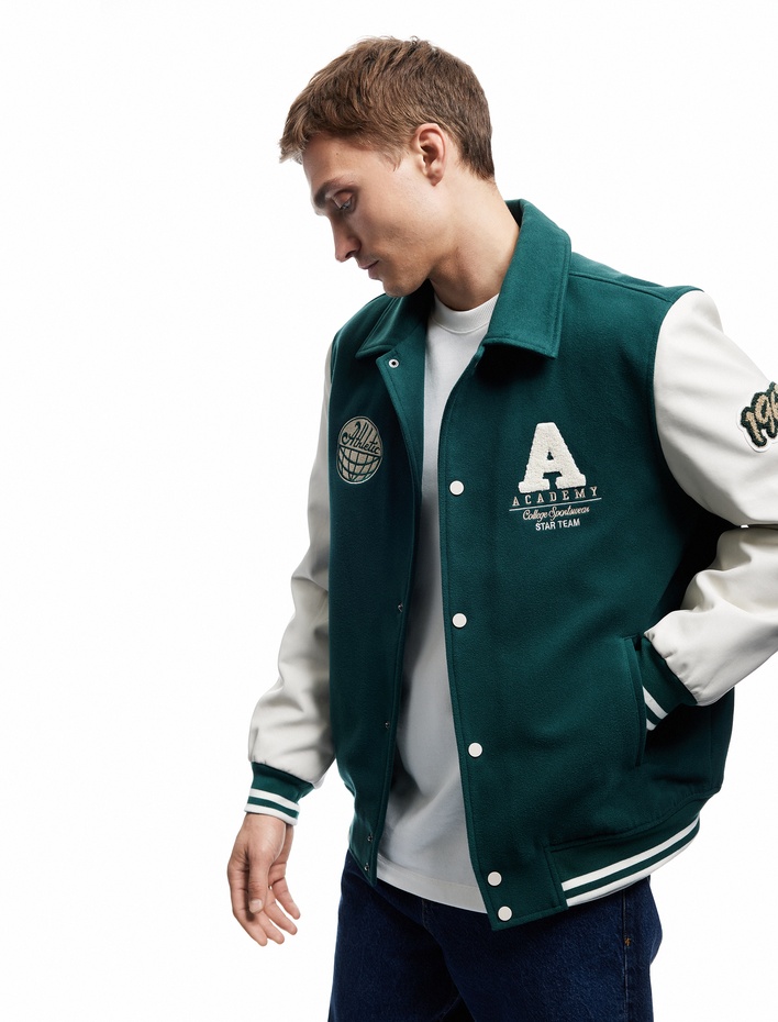  Çıtçıt Düğme Detaylı Slim Fit Kolej Baskılı Kaşe Bomber Ceket