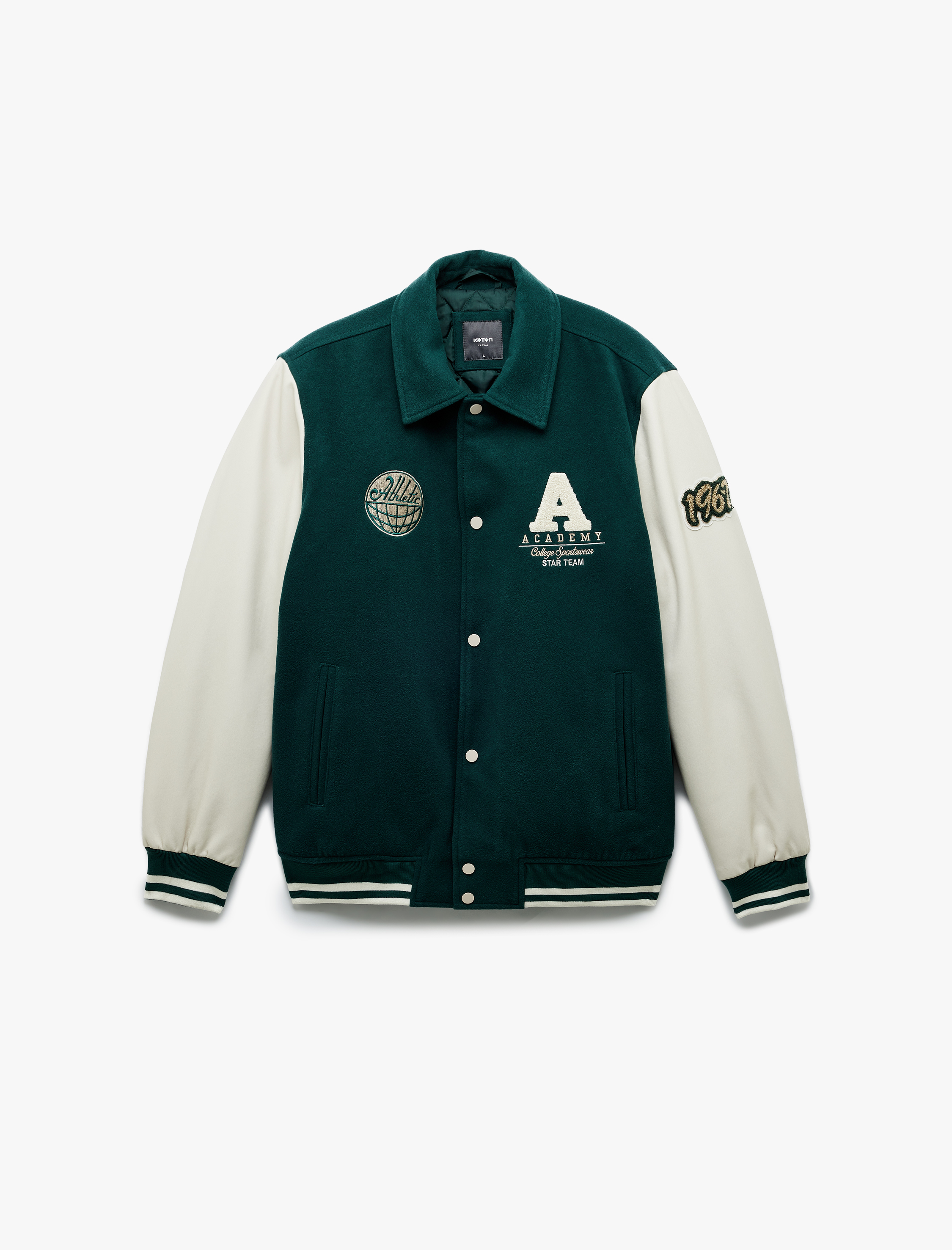   Çıtçıt Düğme Detaylı Slim Fit Kolej Baskılı Kaşe Bomber Ceket