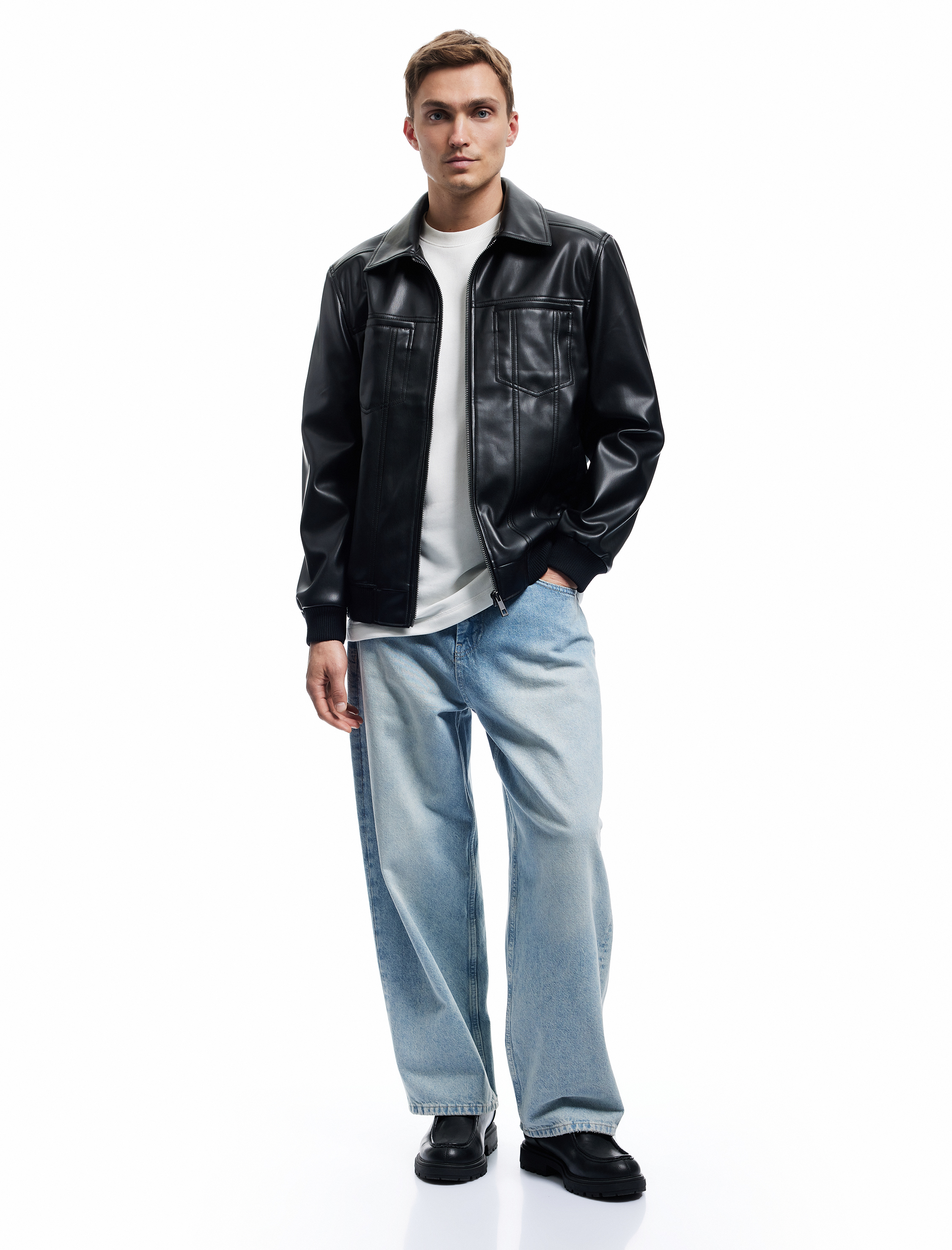   Slim Fit Gömlek Yaka Fermuarlı Cep Detaylı Suni Deri Ceket