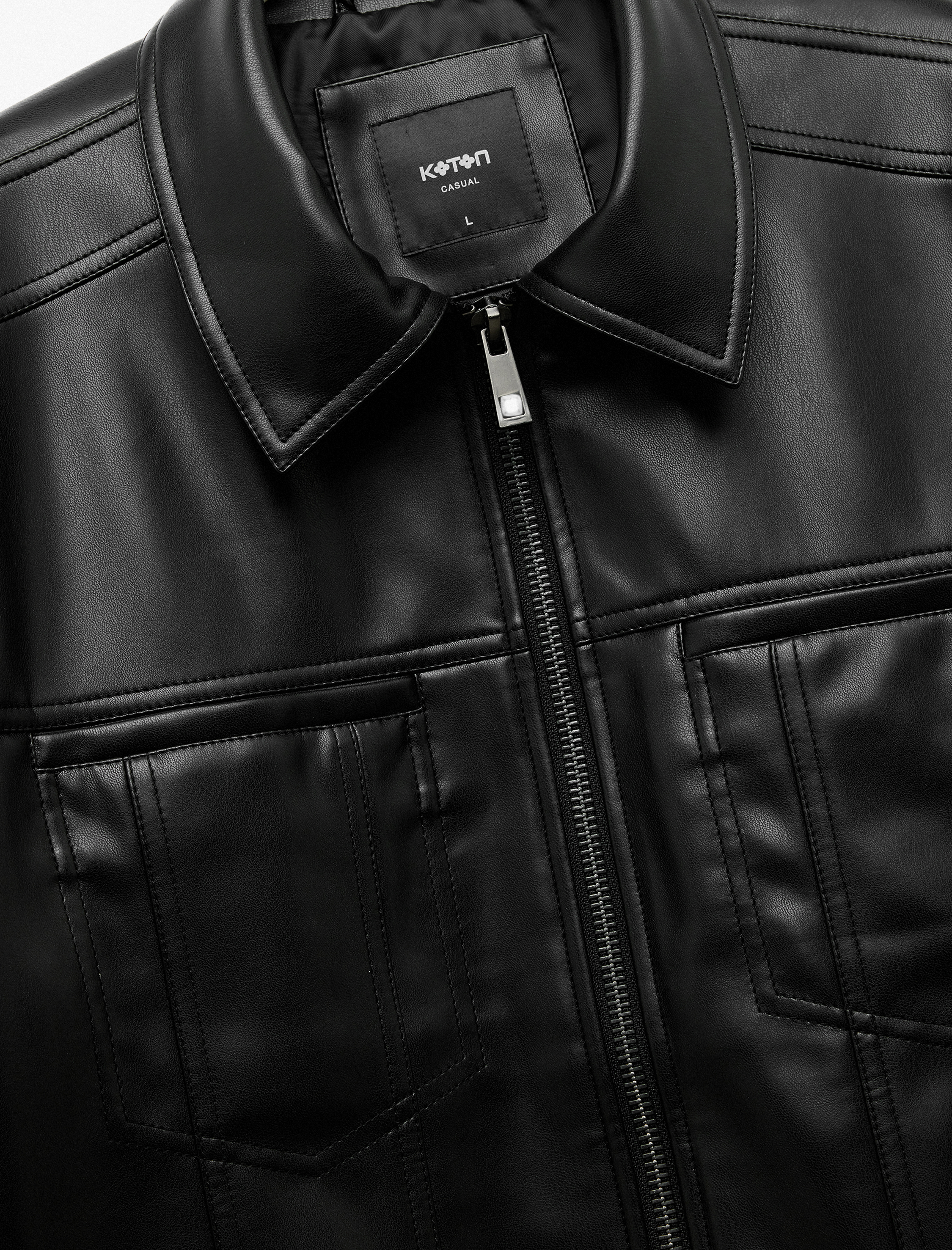   Slim Fit Gömlek Yaka Fermuarlı Cep Detaylı Suni Deri Ceket