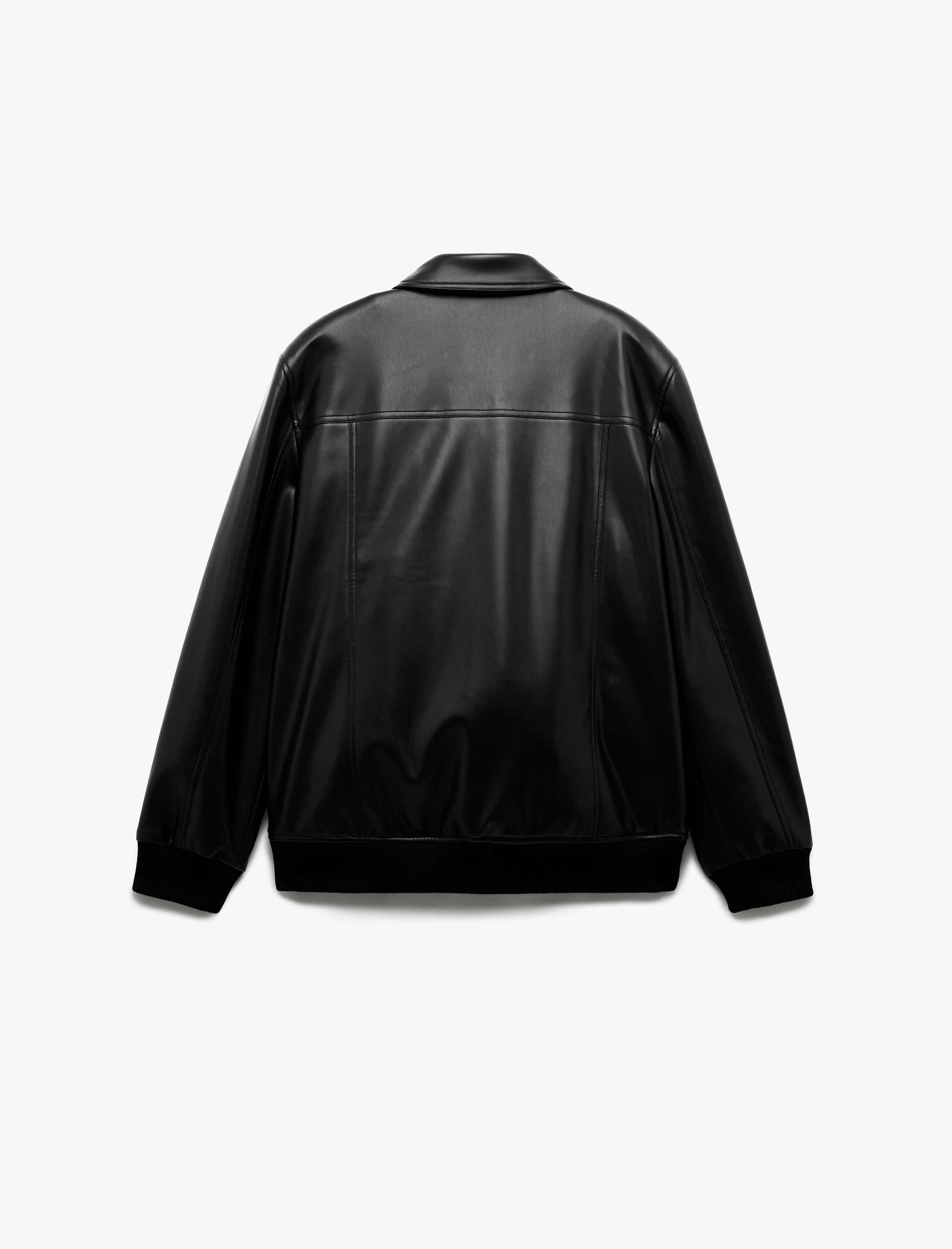   Slim Fit Gömlek Yaka Fermuarlı Cep Detaylı Suni Deri Ceket