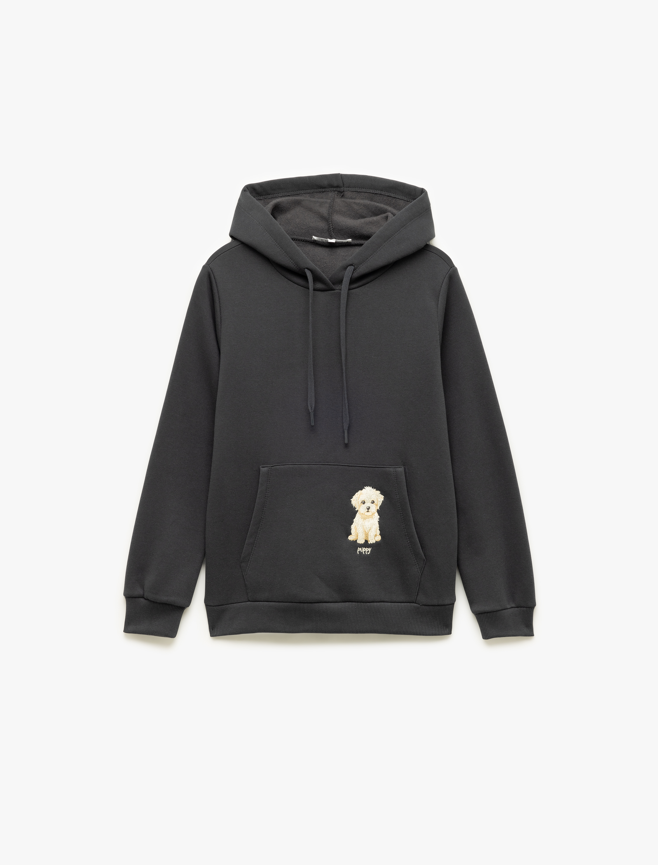   Şardonlu Uzun Kollu Kapüşonlu Köpek Nakışlı Kanguru Cepli Sweatshirt