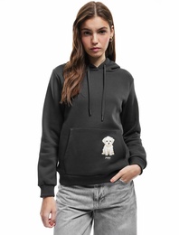 Şardonlu Uzun Kollu Kapüşonlu Köpek Nakışlı Kanguru Cepli Sweatshirt