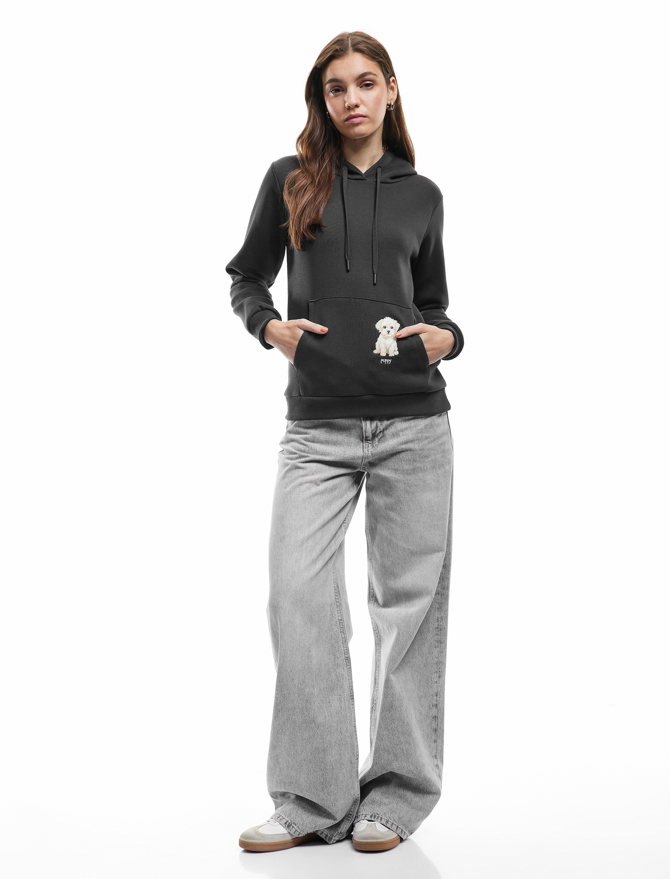   Şardonlu Uzun Kollu Kapüşonlu Köpek Nakışlı Kanguru Cepli Sweatshirt