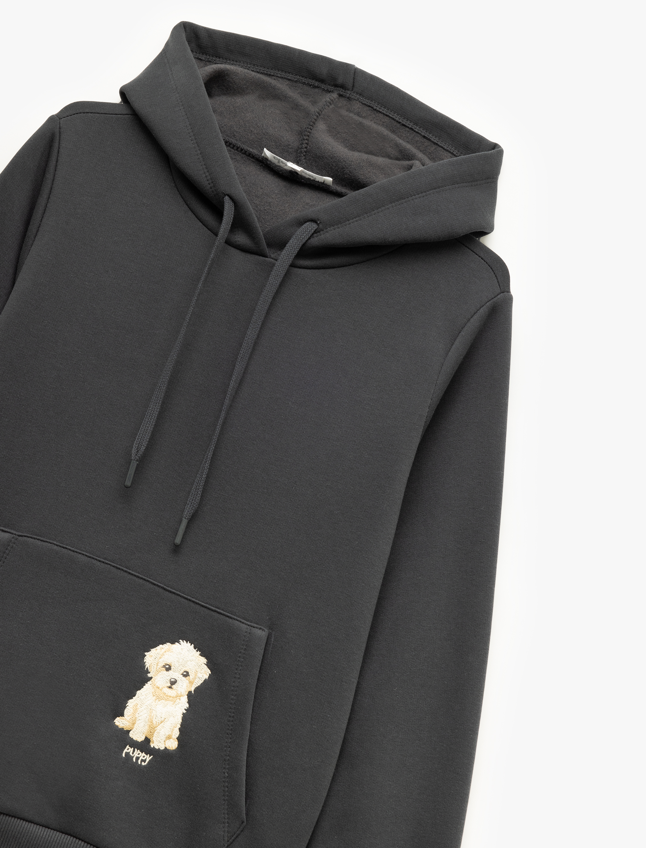   Şardonlu Uzun Kollu Kapüşonlu Köpek Nakışlı Kanguru Cepli Sweatshirt