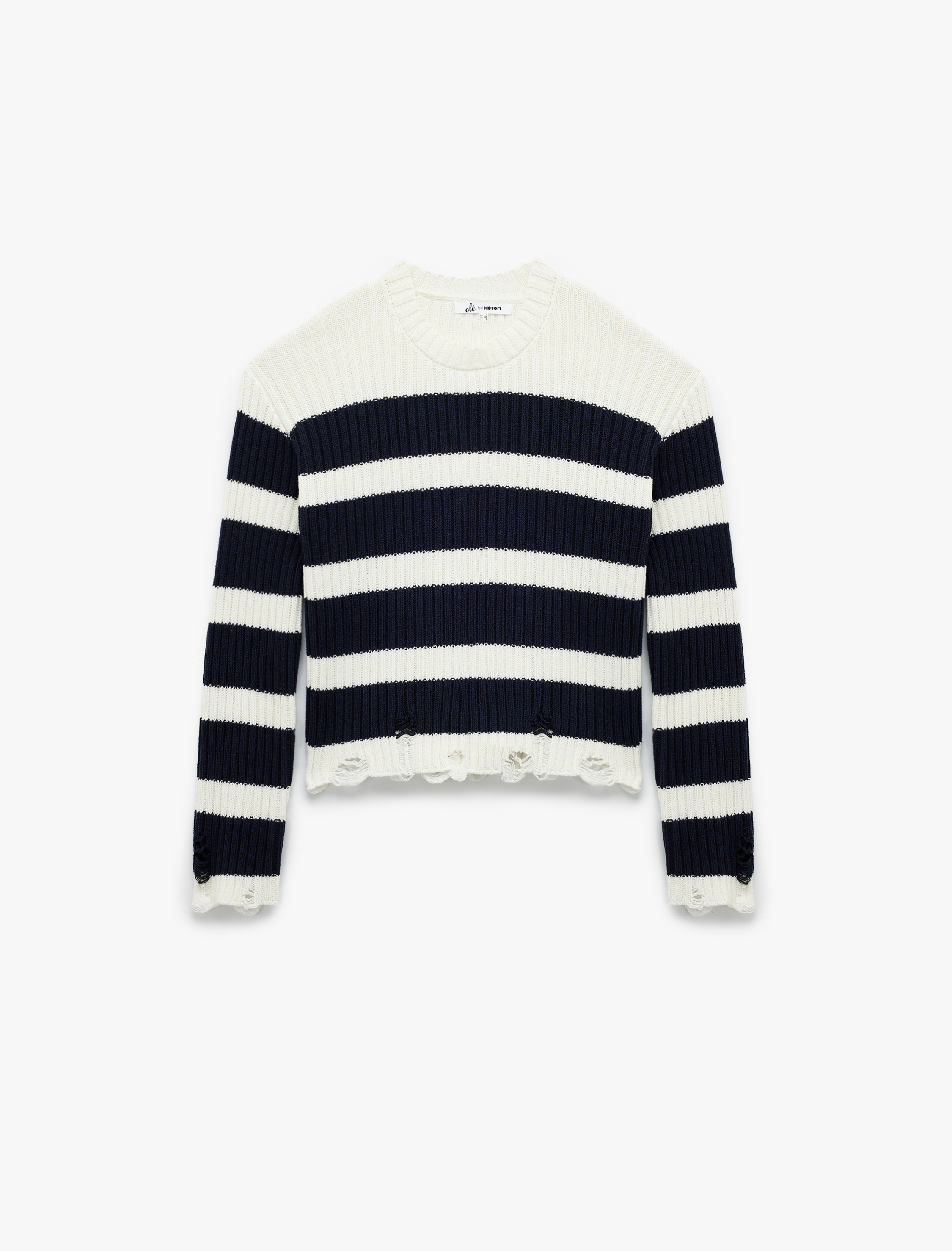   Çizgili Uzun Kollu Yıpratma Detaylı Bisiklet Yaka Triko Kazak