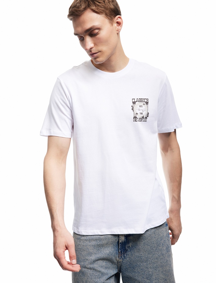  Kısa Kollu Bisiklet Yaka Regular Fit Pamuklu Baskılı Tişört