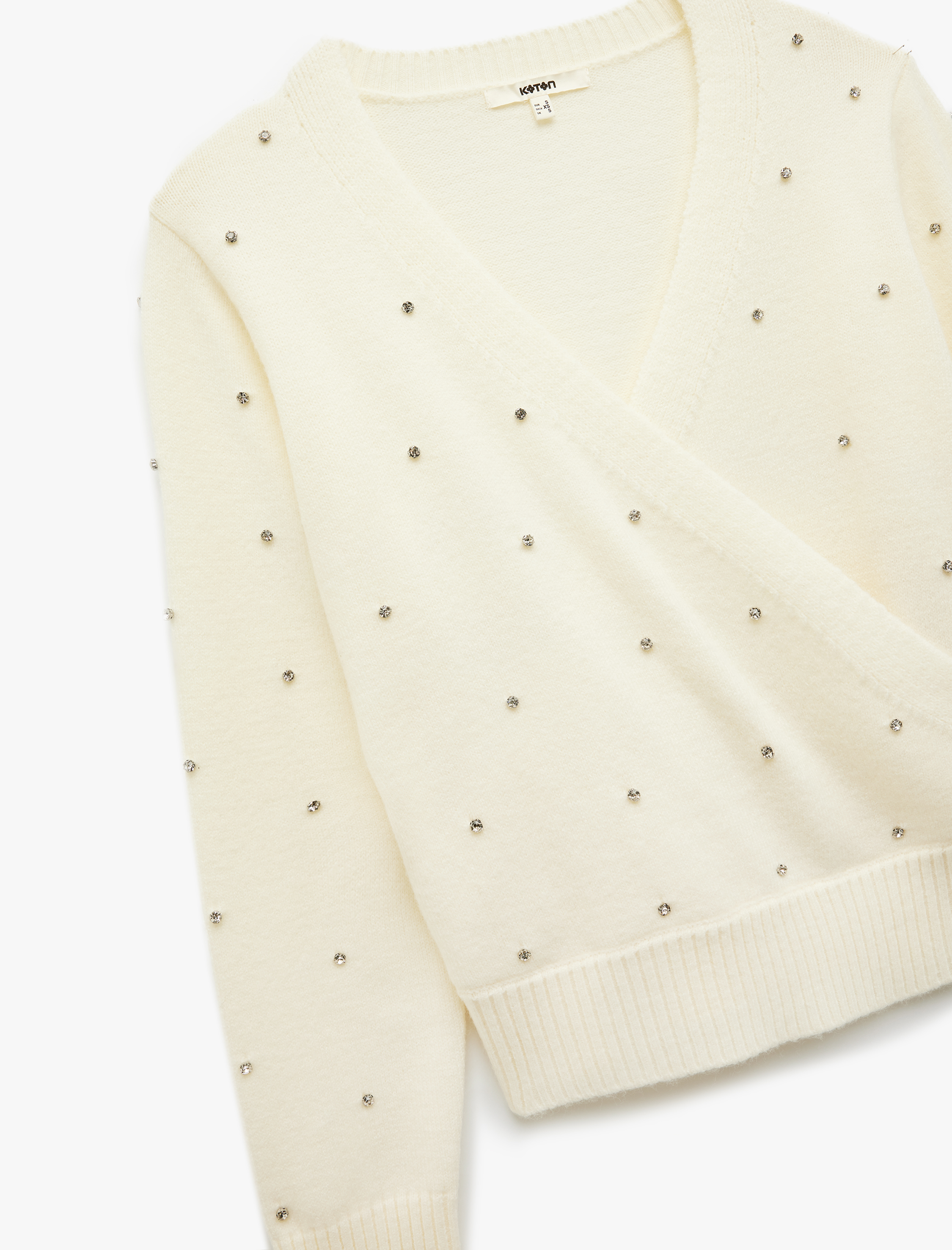   Uzun Kollu Kruvaze V Yaka Taşlı Triko Kazak