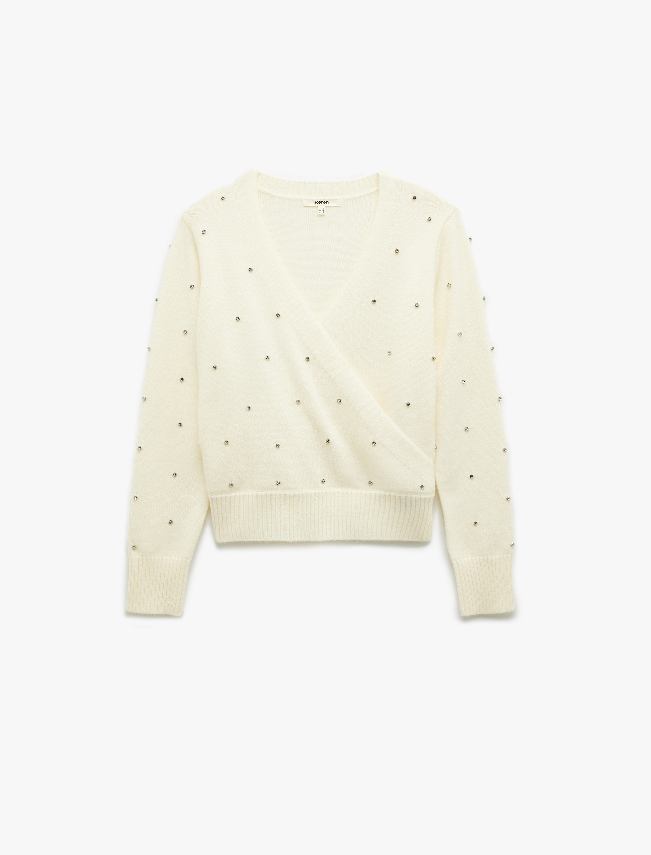   Uzun Kollu Kruvaze V Yaka Taşlı Triko Kazak